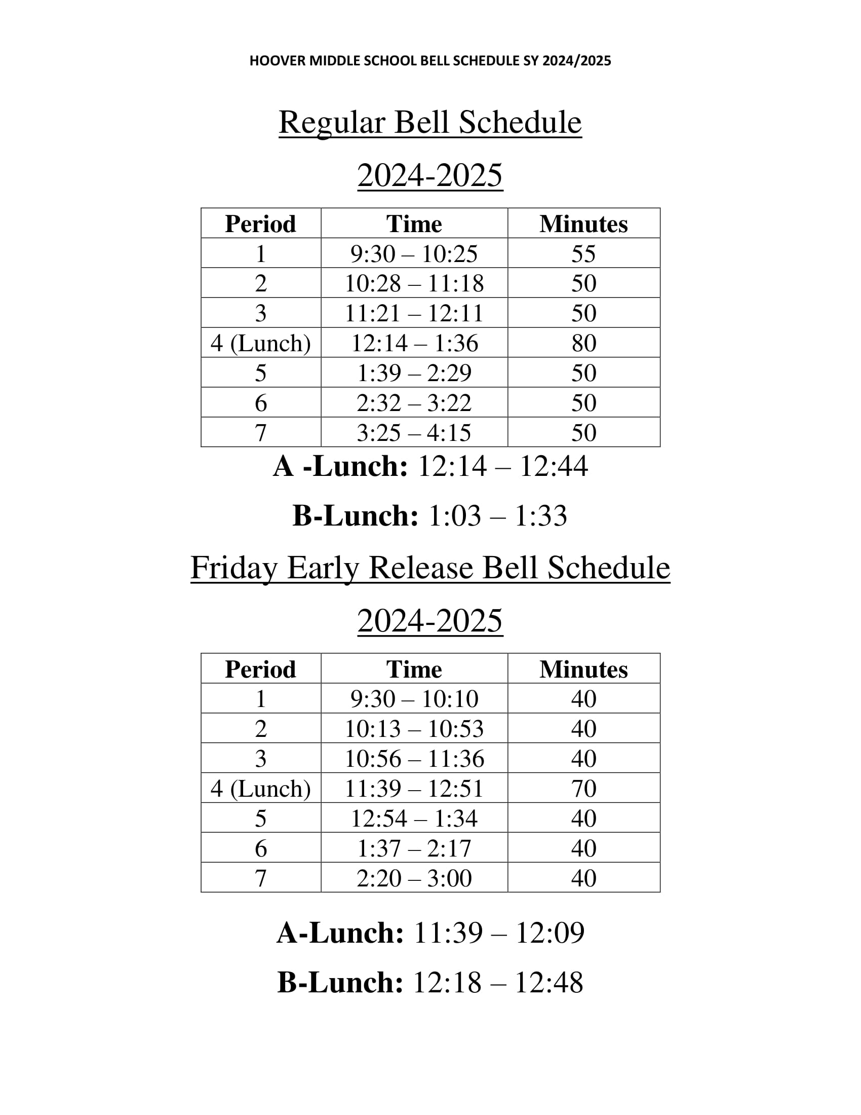 Image of Hoover Middle School bell schedule.