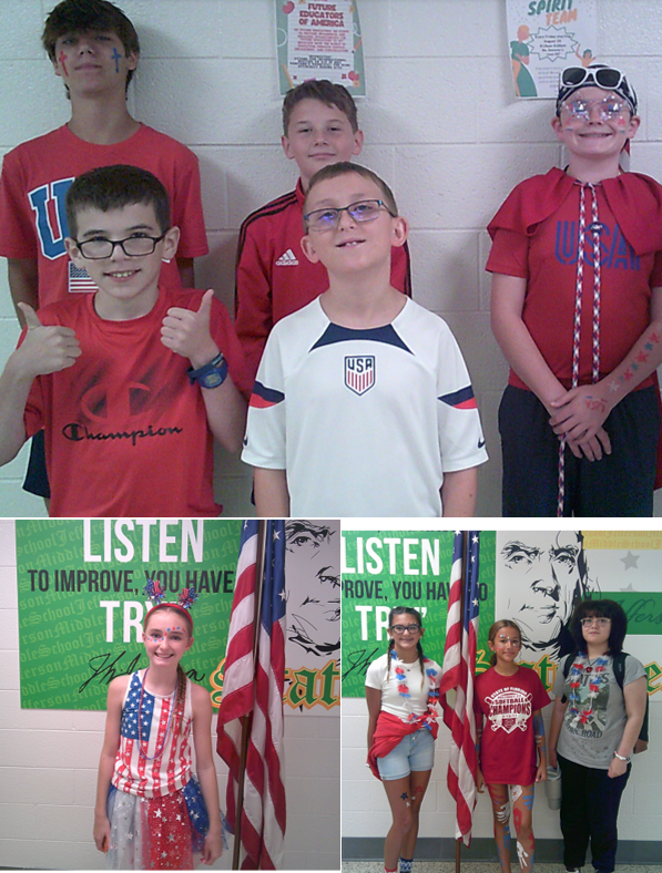 Students dressed in red, white, and blue