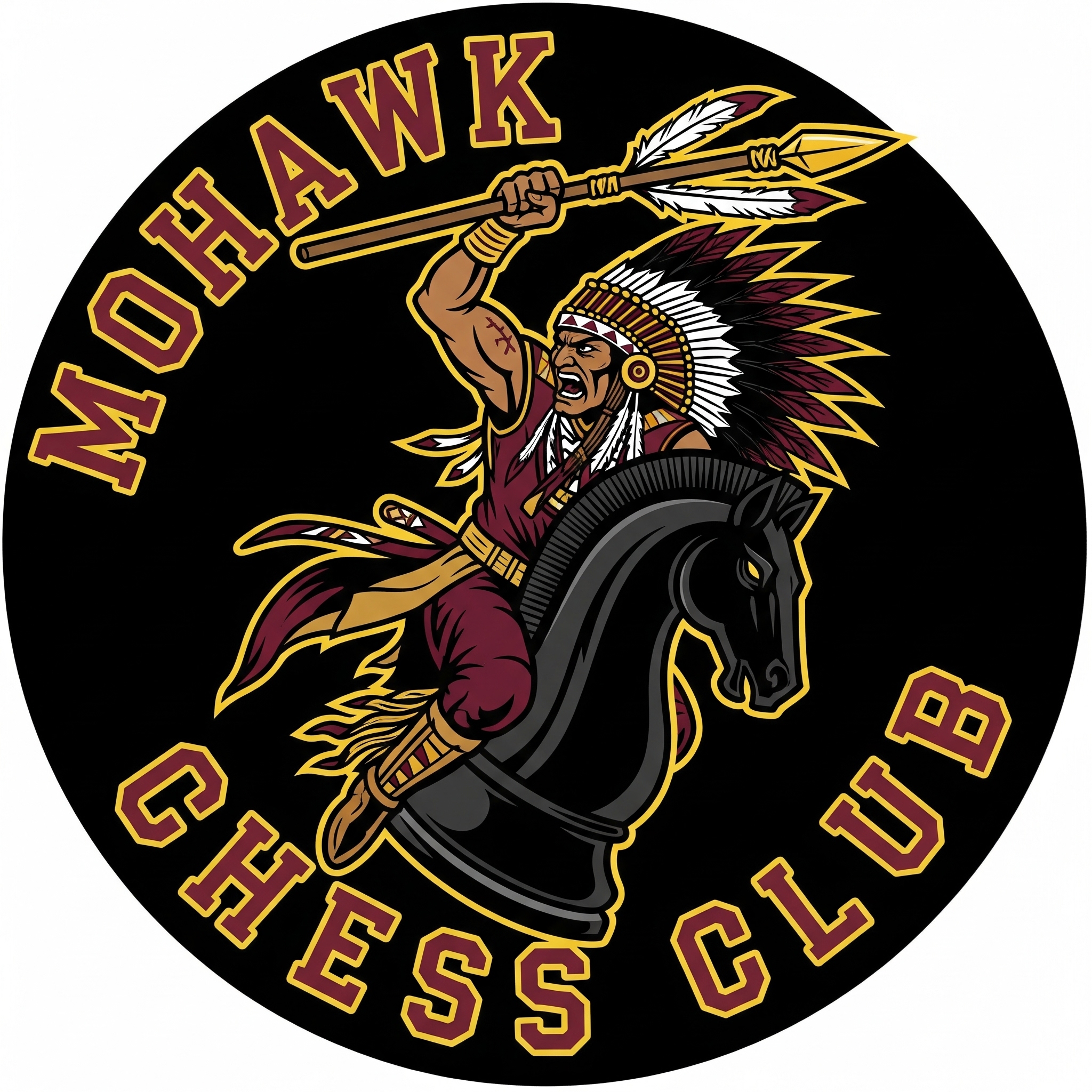 mohawk chess club logo.  Mohawk riding a knight chess piece.