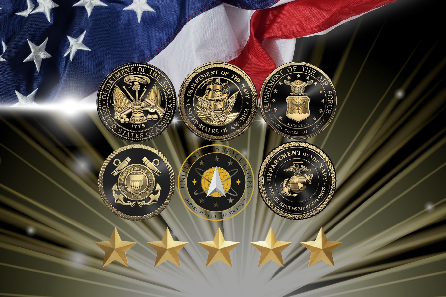 military gold and black seals 5 stars and portion of American flag