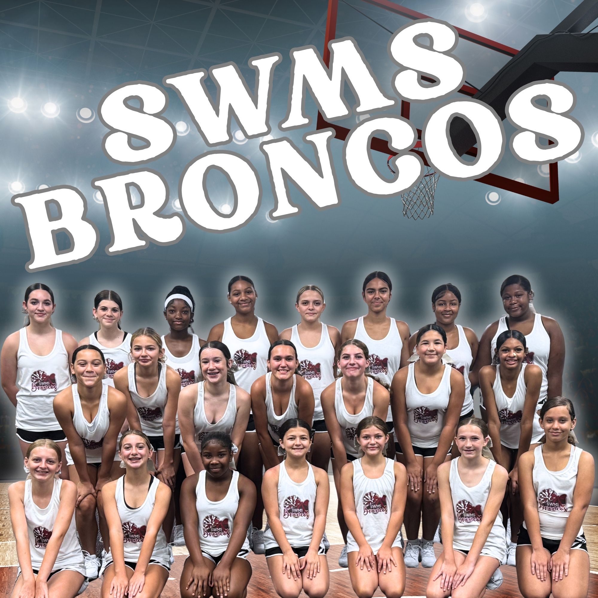 SWMS BRONCOS 3 rows of cheerleaders with a white tank top. The first row is kneeling, the second row is squatting and the top rop is standing.