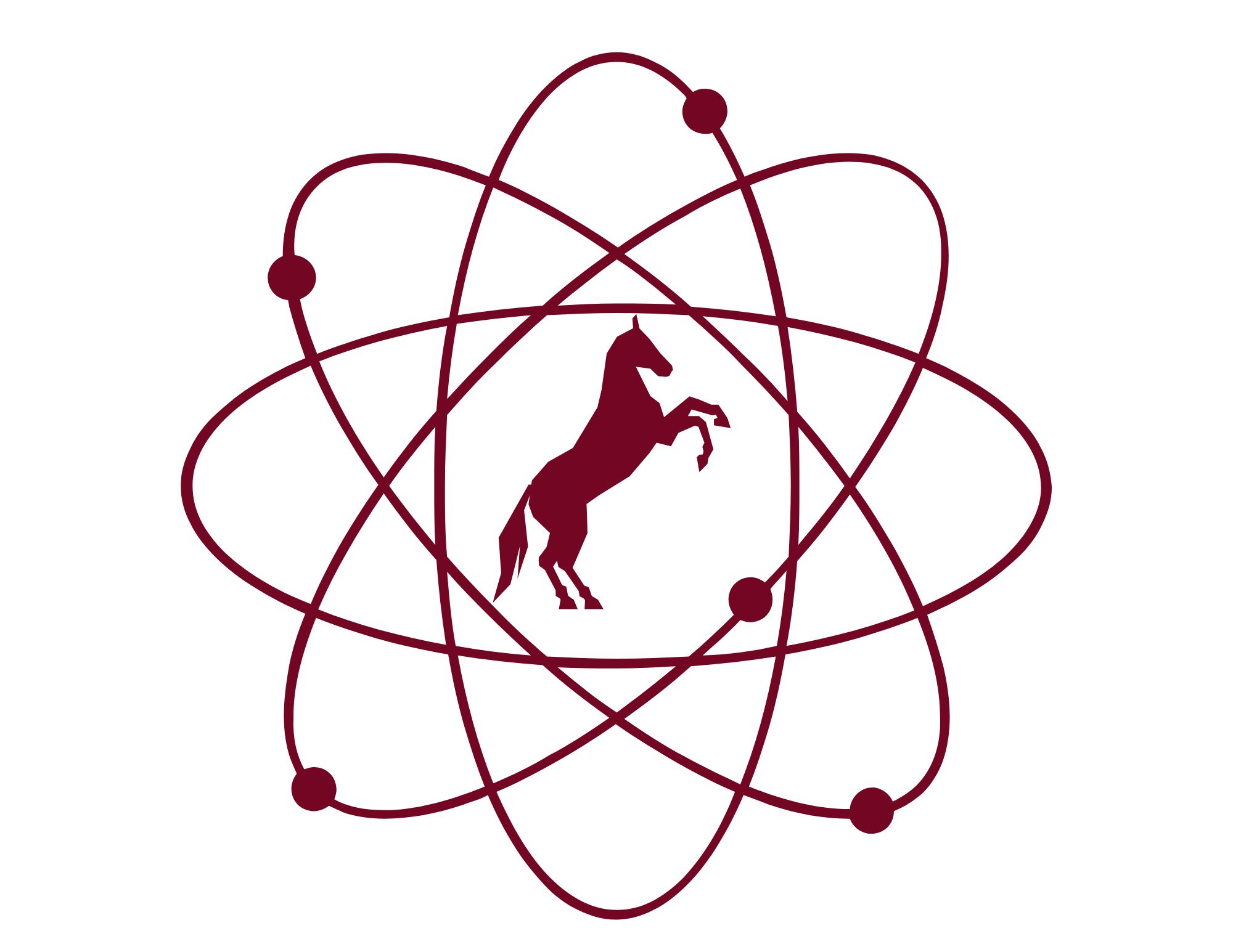 Maroon atom with a maroom bronco horse in the middle
