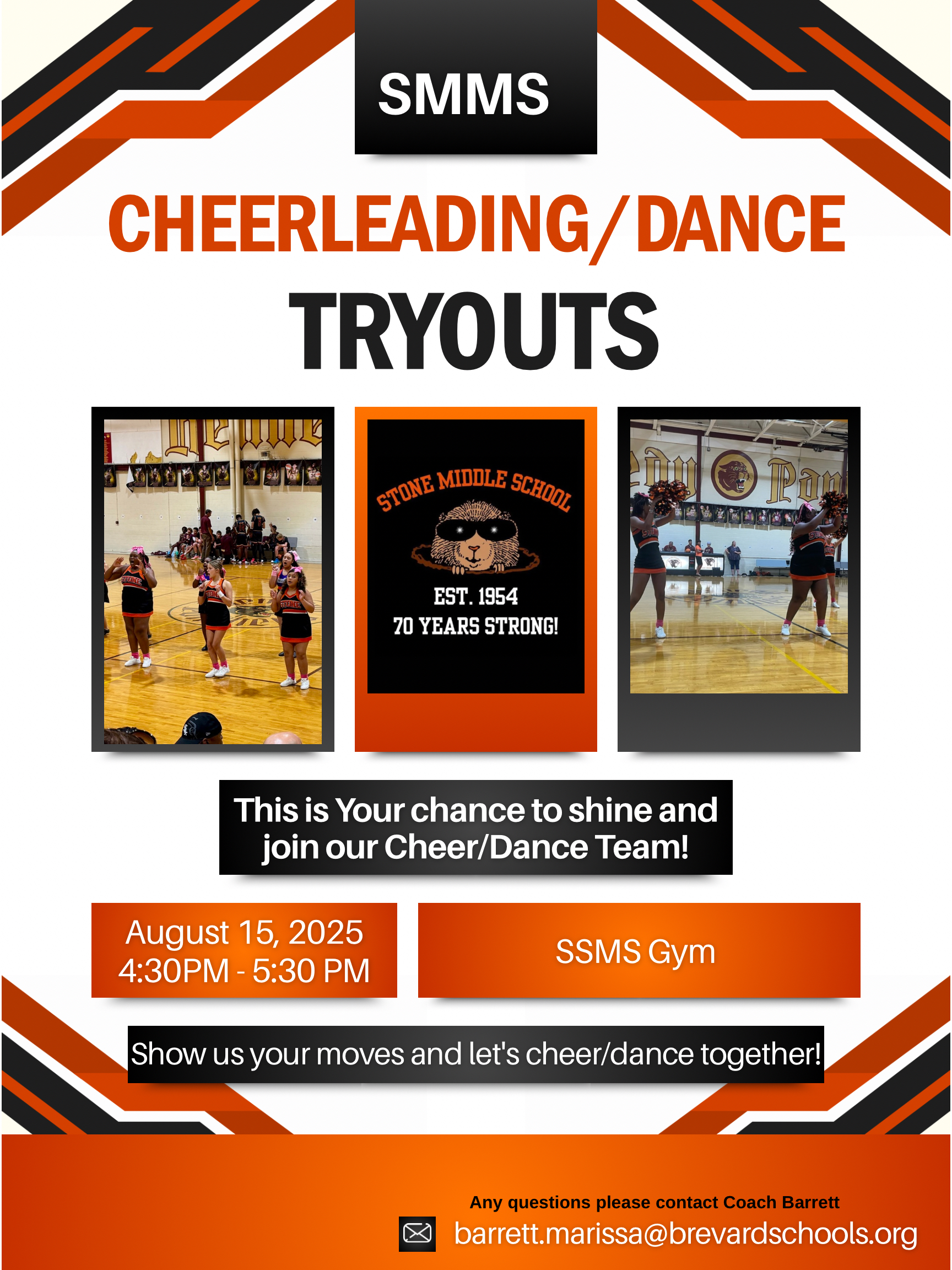 Cheerleading Tryout on August 15.  Contact barrett.marissa@brevardschools.org