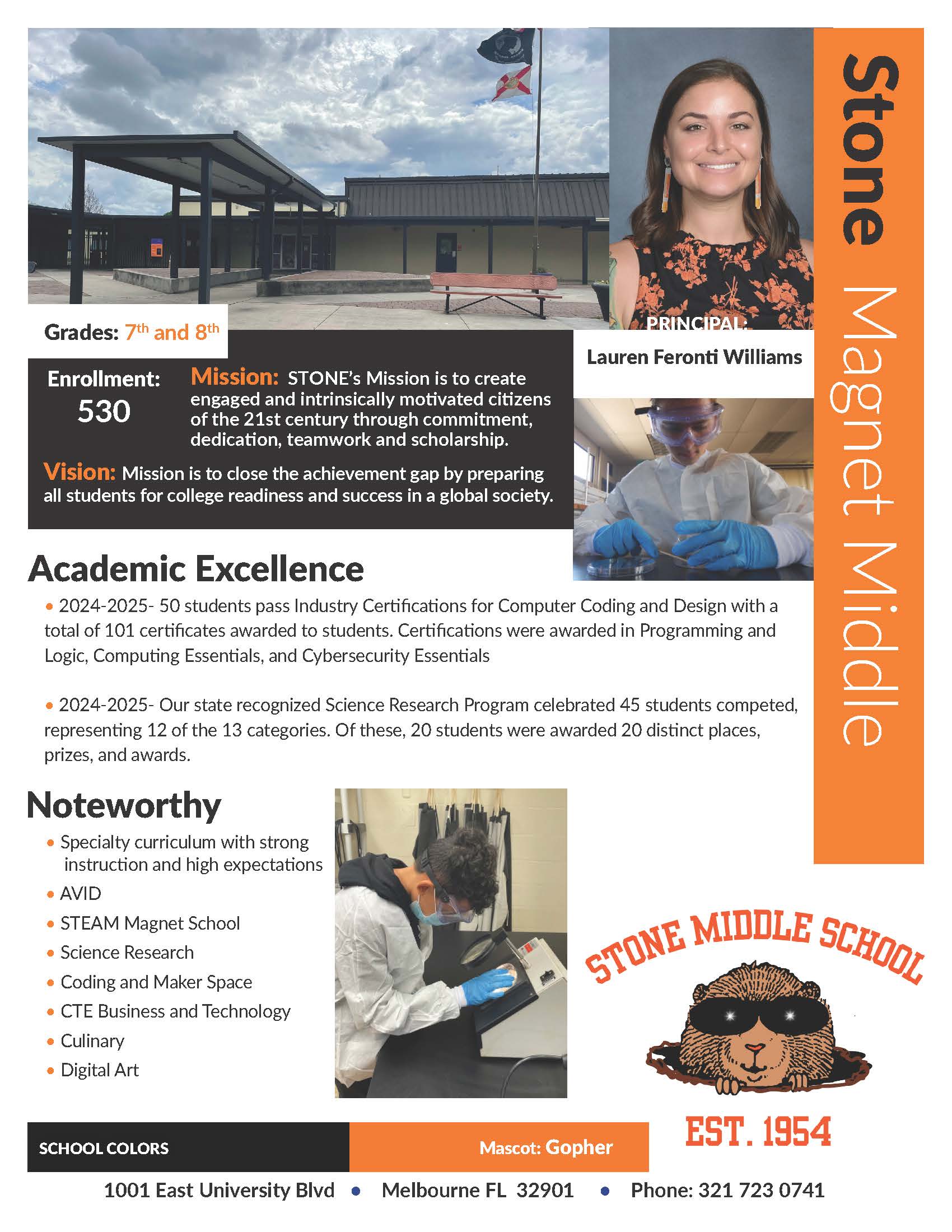 Grades: 7th and 8th Enrollment: 530  Mission: STONE's Mission is to create engaged and intrinsically motivated citizens of the 21st century through commitment, dedication, teamwork and scholarship.  Vision: Mission is to close the achievement gap by preparing all students for college readiness and success in a global society.  PRINCIPAL: Lauren Feronti Williams  Academic Excellence: - 2024-2025: 50 students pass Industry Certifications for Computer Coding and Design with a total of 101 certificates awarded to students. Certifications were awarded in Programming and Logic, Computing Essentials, and Cybersecurity Essentials. - 2024-2025: Our state recognized Science Research Program celebrated 45 students competed, representing 12 of the 13 categories. Of these, 20 students were awarded 20 distinct places, prizes, and awards.  Noteworthy: - Specialty curriculum with strong instruction and high expectations - AVID - STEAM Magnet School - Science Research - Coding and Maker Space - CTE Business and Technology - Culinary - Digital Art  SCHOOL COLORS Mascot: Gopher 1001 East University Blvd, Melbourne FL 32901 EST. 1954 Phone: 321 723 0741