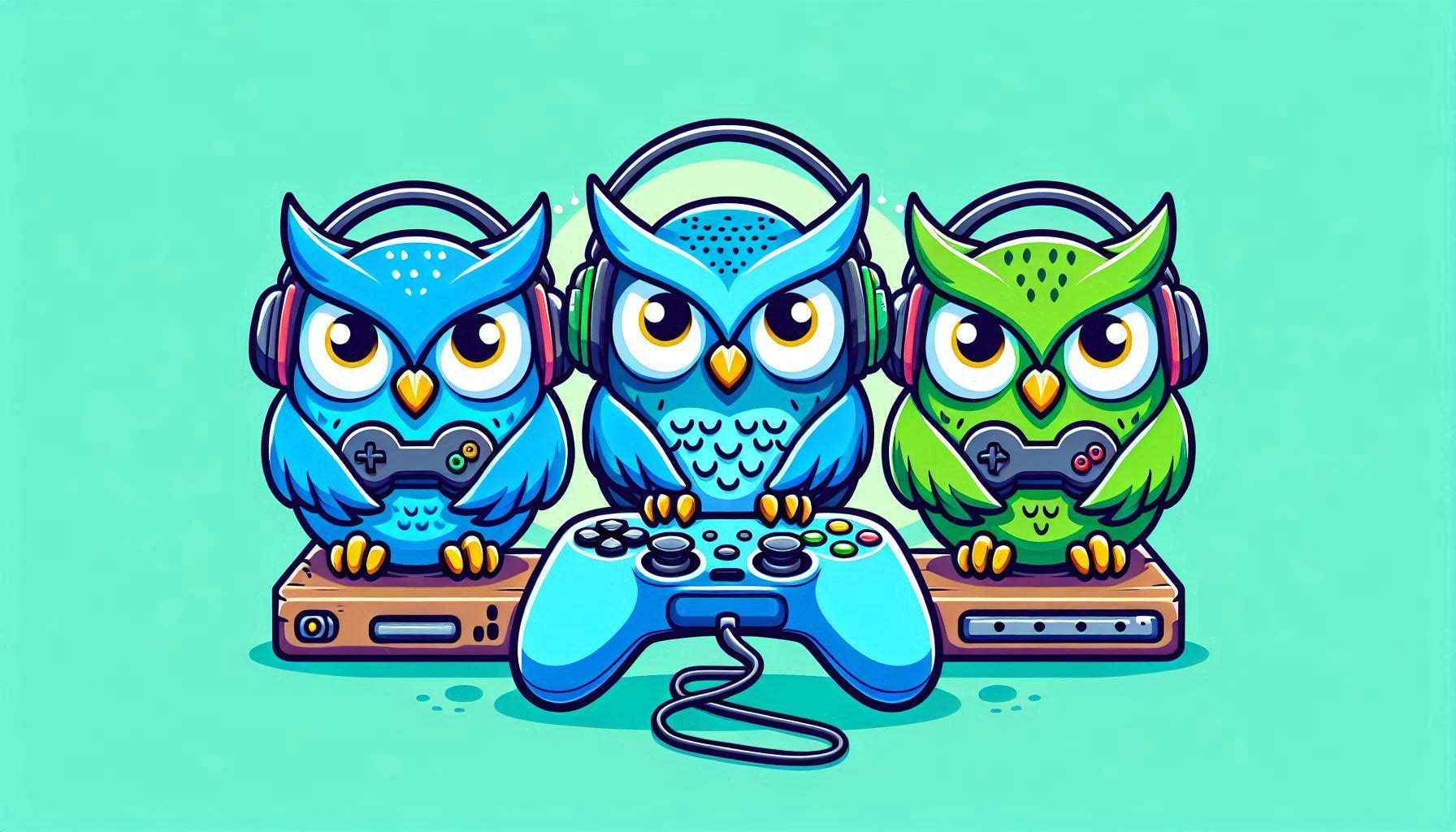 3 blue and green owls playing video games