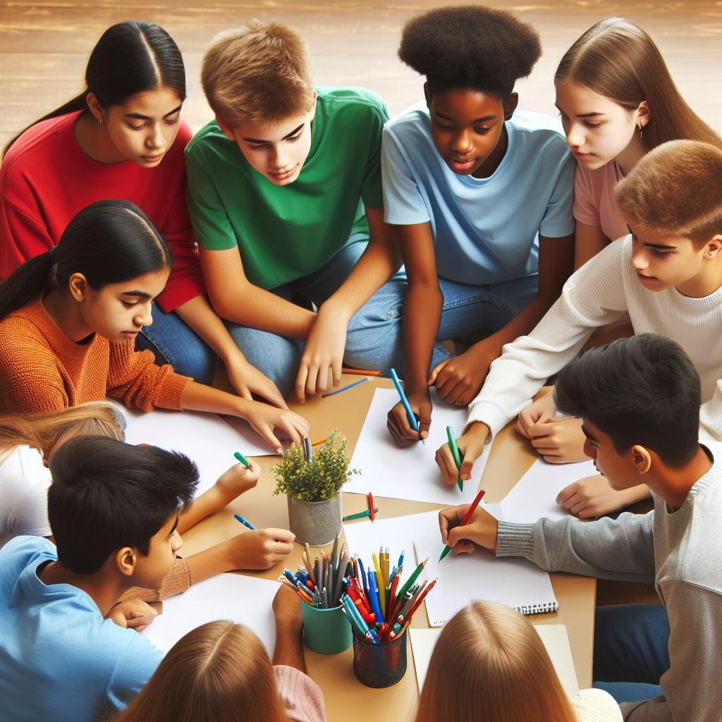 A group of 6 students working together around paper and pencils