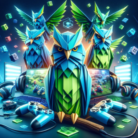 3 blue and green owls playing  video games