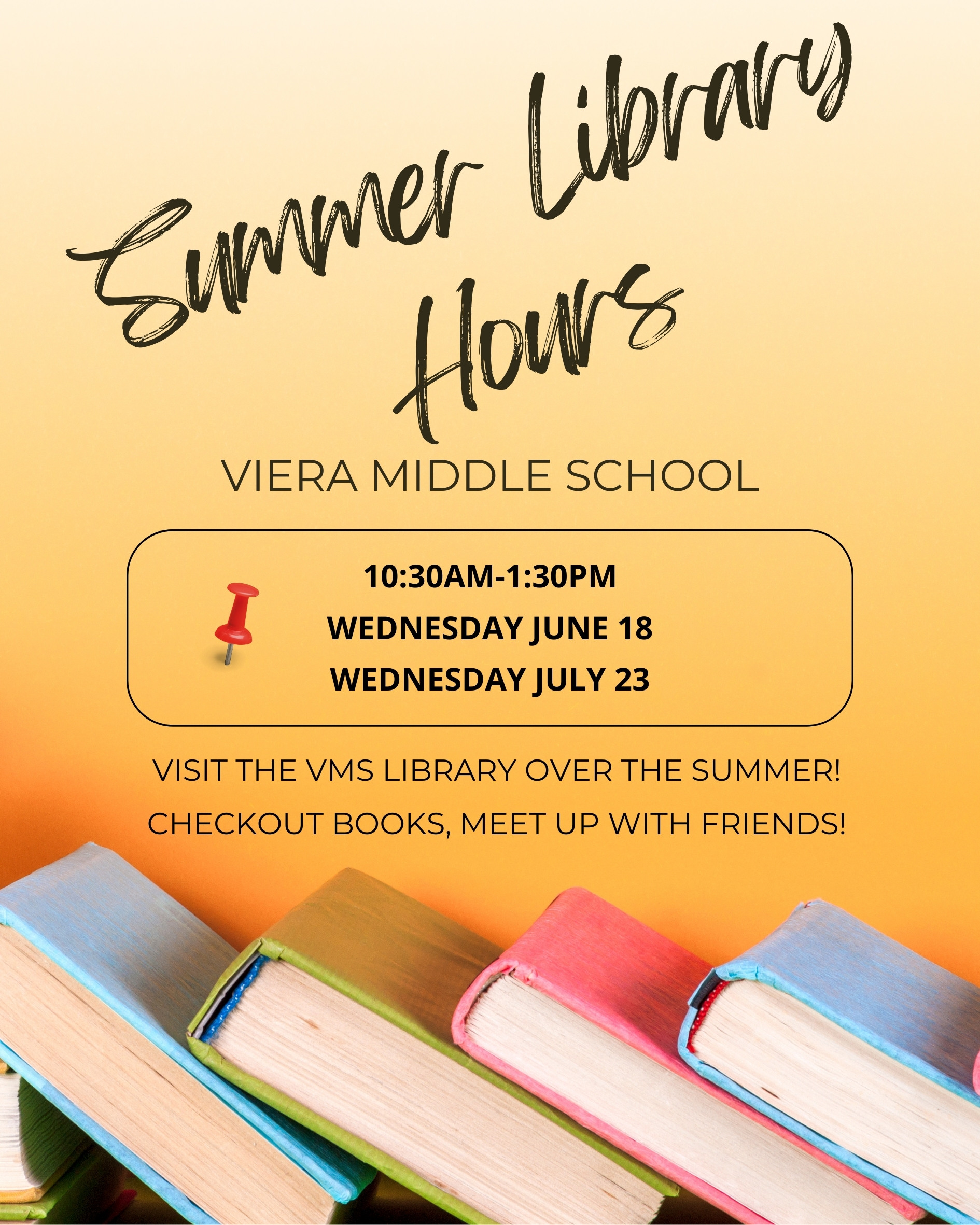Summer Library Hours June 18 & July 23 the library will be open from 10:30-1:30 each day. Come checkout books or chat with friends