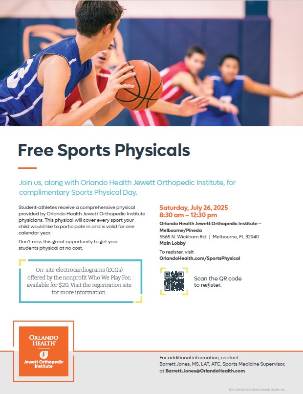 Free Sports Physicals. provided by Orlando Health Jewett Orthopedic Institute physicians. This physical will cover every sport your child would like to participate in and is valid for one calendar year.. 8:30 am – 12:30 pm Orlando Health Jewett Orthopedic Institute – Melbourne/Pineda 5565 N. Wickham Rd. | Melbourne, FL 32940 Main Lobby To register, visit OrlandoHealth.com/SportsPhysical