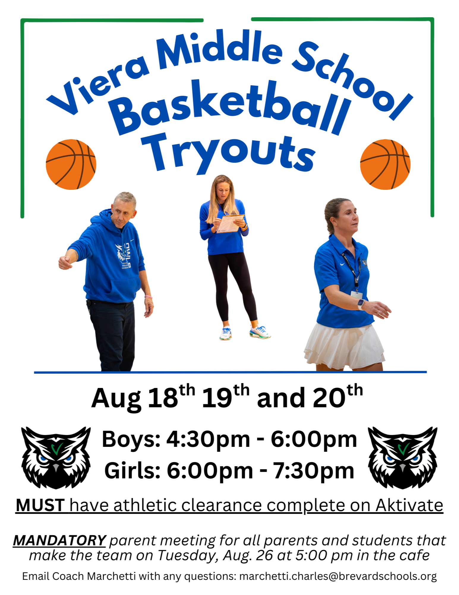 Basketball Camp and Open Gym: July 29 and 31, August 5, 7, 12, 14. Camp: 5-6:30pm. Open gym 6:30-7:30pm. Open to all '25-26 VMS registered students. Come for camp , open gym or both. Email Coach Marchetti with any questions: Marchetti.Charles@brevardschools.org