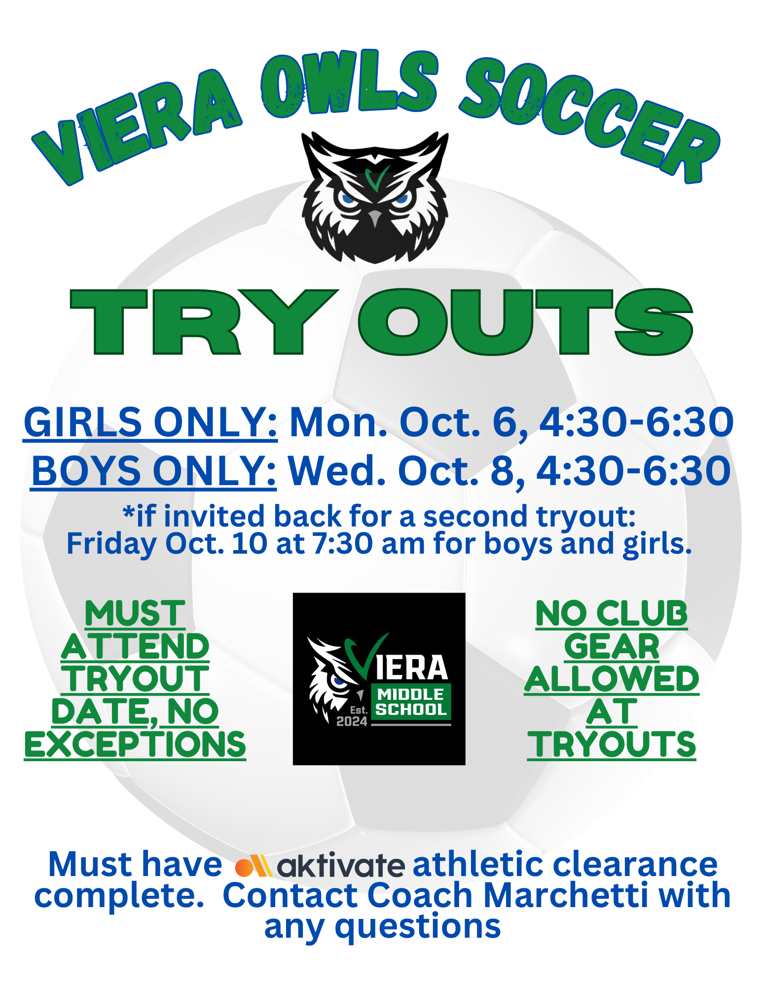 Soccer tryouts oct 6-9