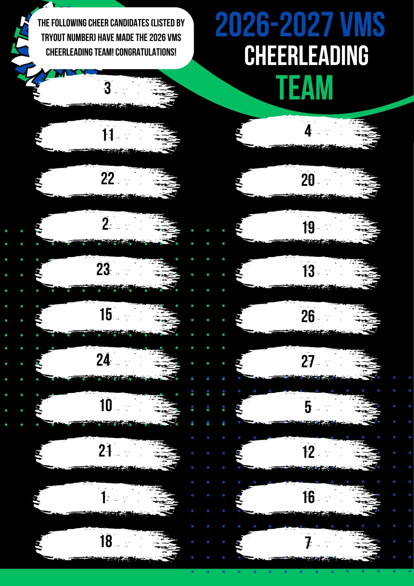 cheer team roster by tryout number