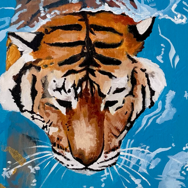 Painting of a tiger swimming in the water