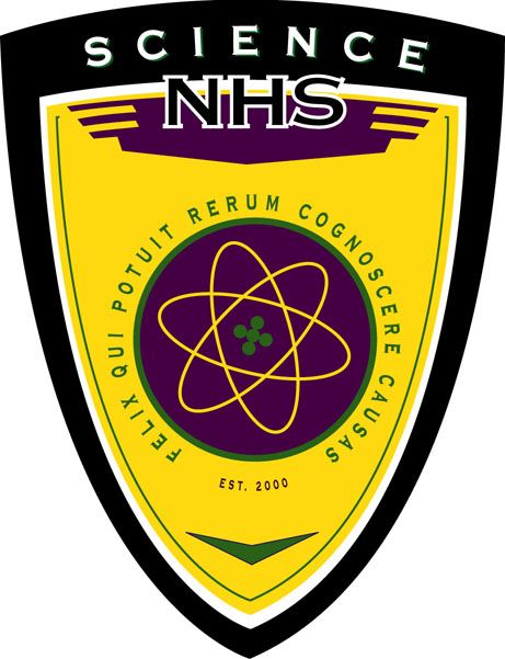 A yellow badge with red atom symbol in the middle.