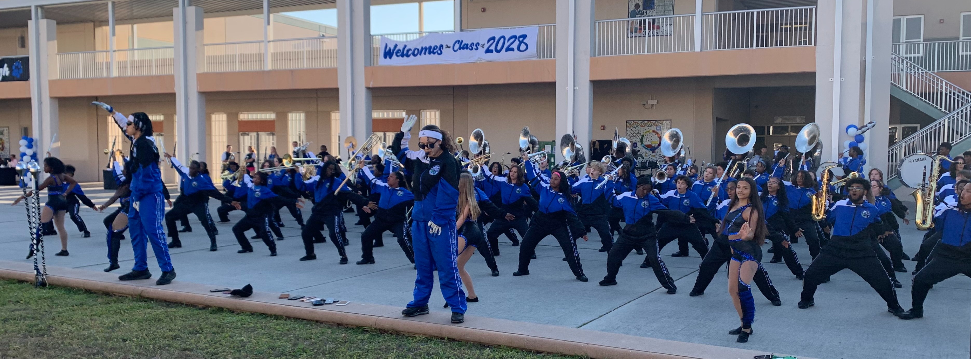 Heritage High Marching Panthers - Blue Sea of Sound - Playing instruments and dancing in the courtyard. 