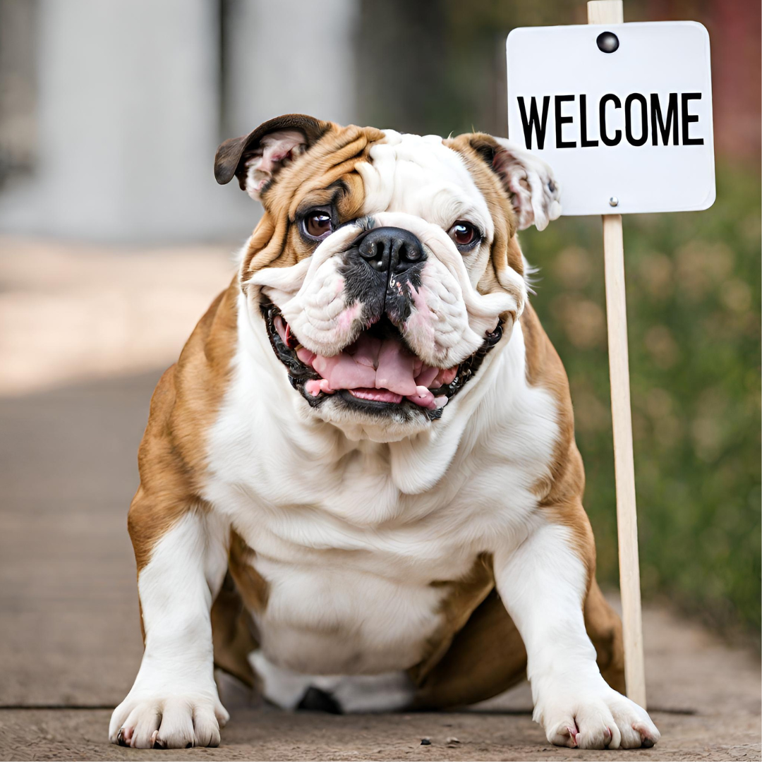 Bulldog with welcome sign