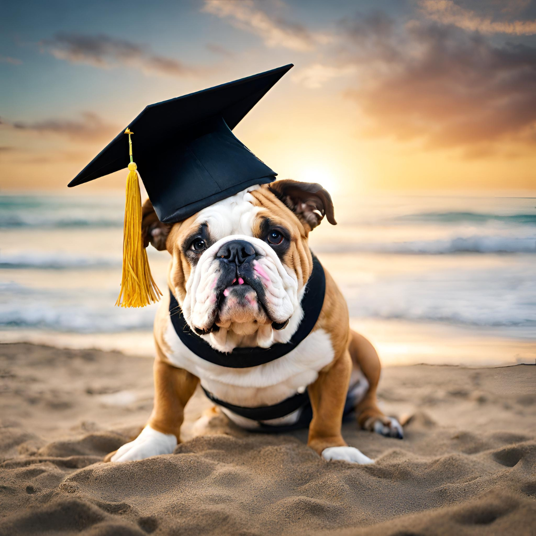 bulldog on beach with grad cap