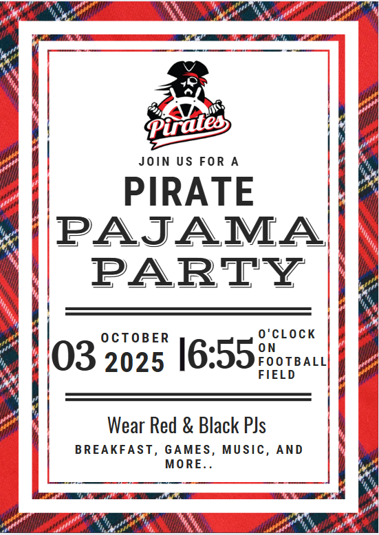 Senior Sunrise Breakfast Pajama Party 10/3 at 6:55 am Wear Red and black PJs.  Breakfast, games, music and more