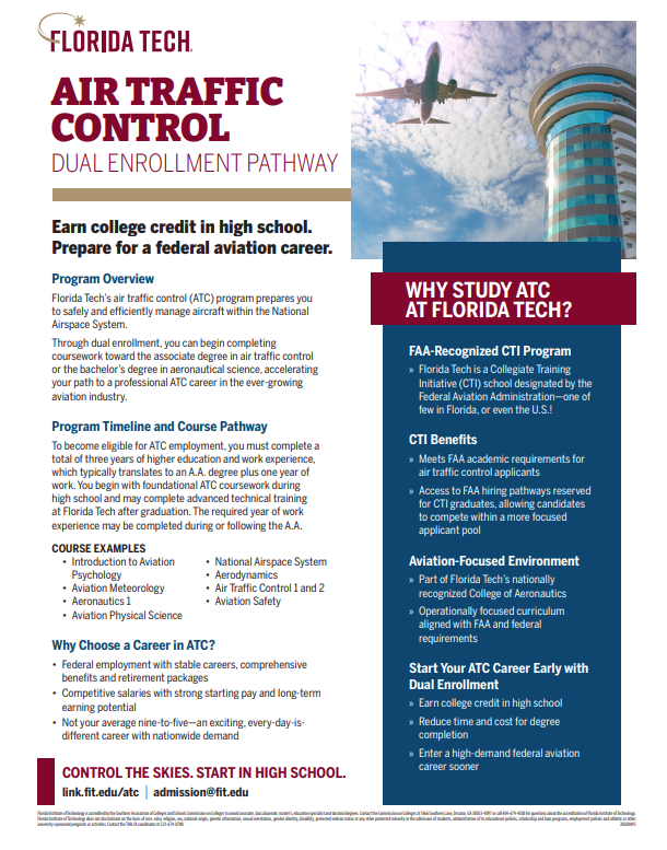 Air Traffic Control Dual Enrollment Pathway through Florida Tech information