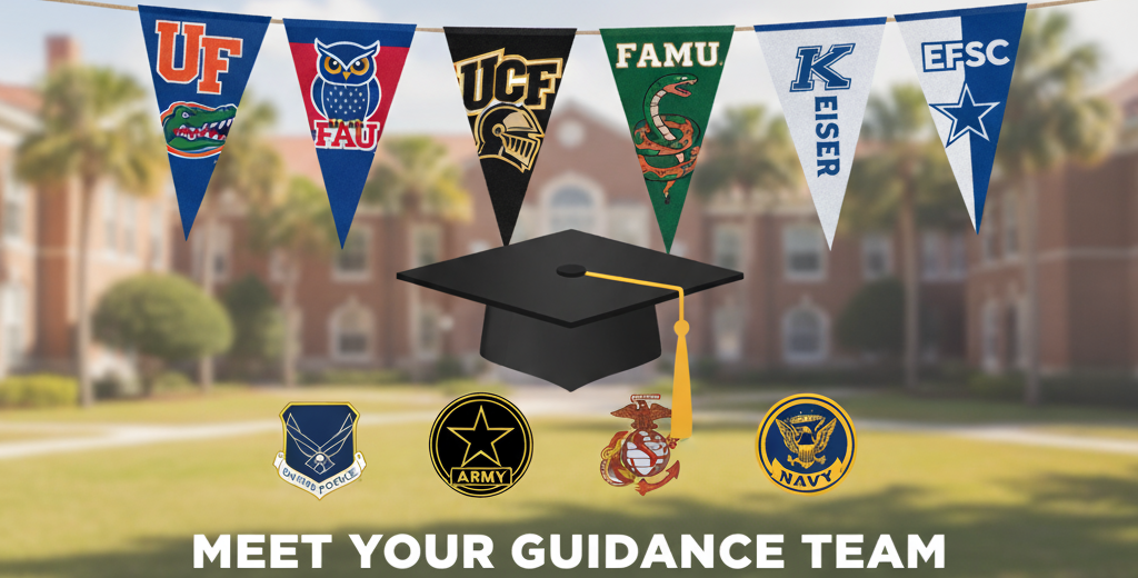 college pennants, military logos, graduate cap. "Meet your guidance team"