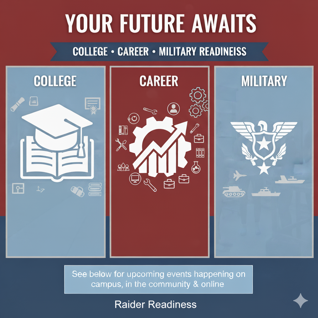 Image saying see below for college, career and military opportunities at our school and in the community.