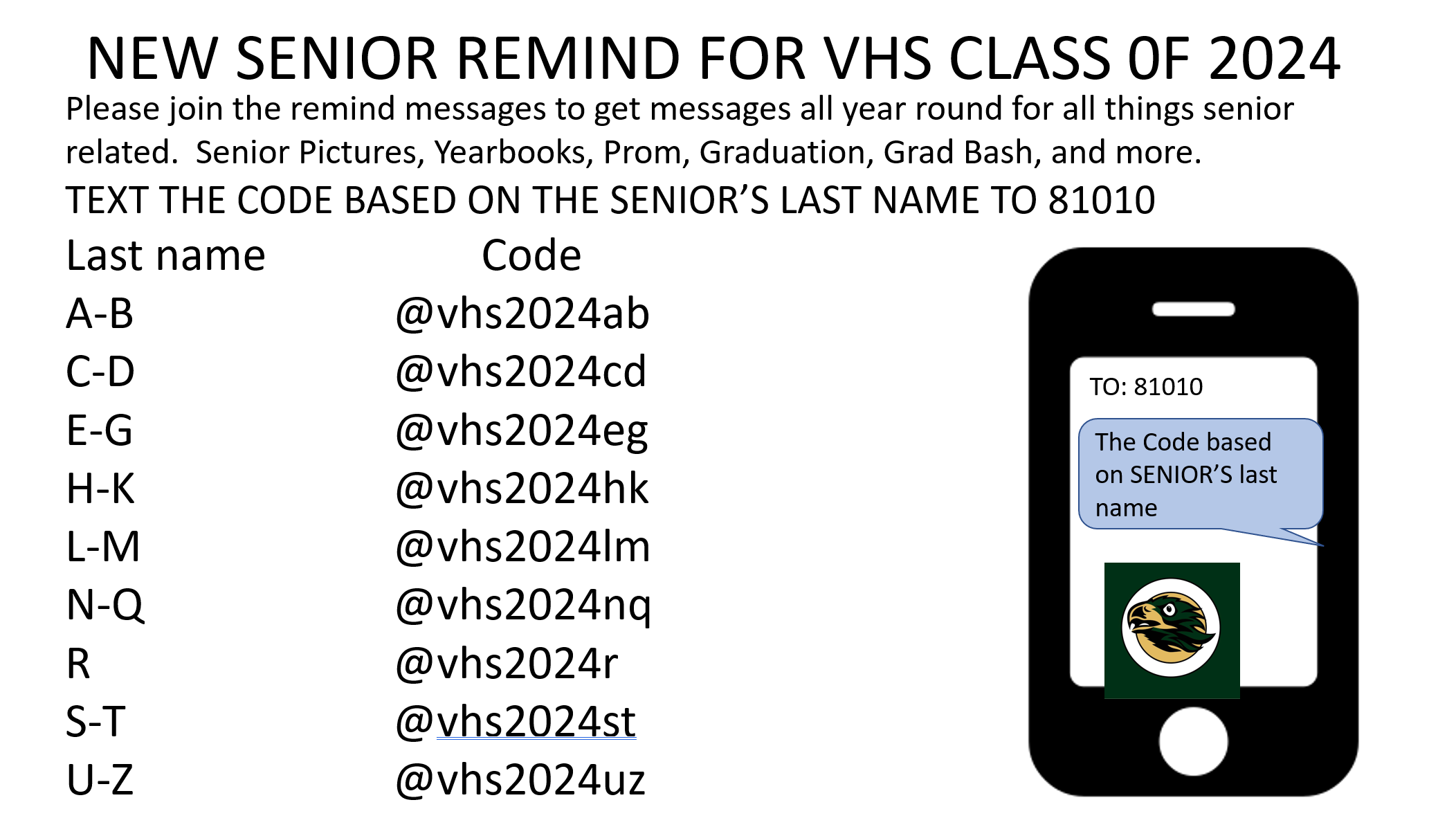 New Senior Remind fo VHS Class of 2024