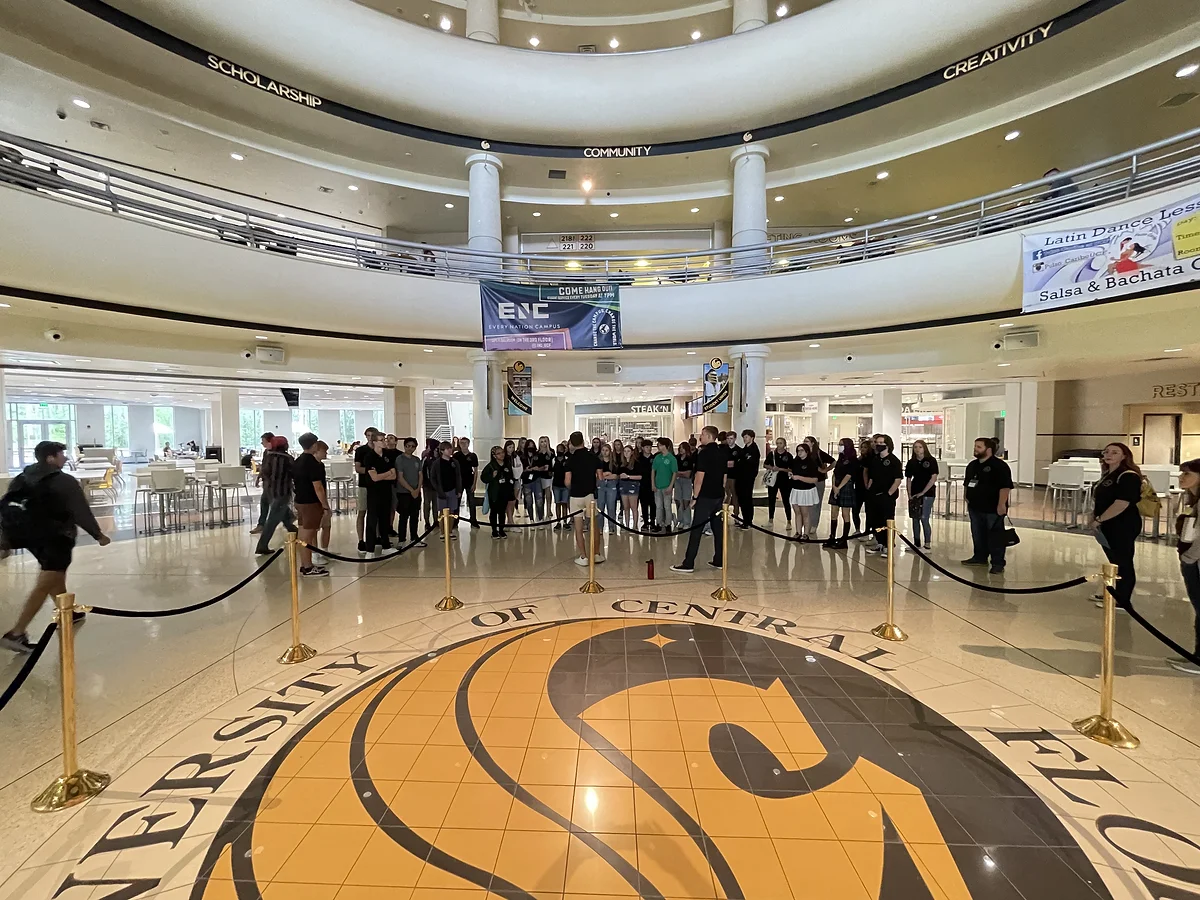 Viera High School students posing for photo on a tour at University of Central Florida