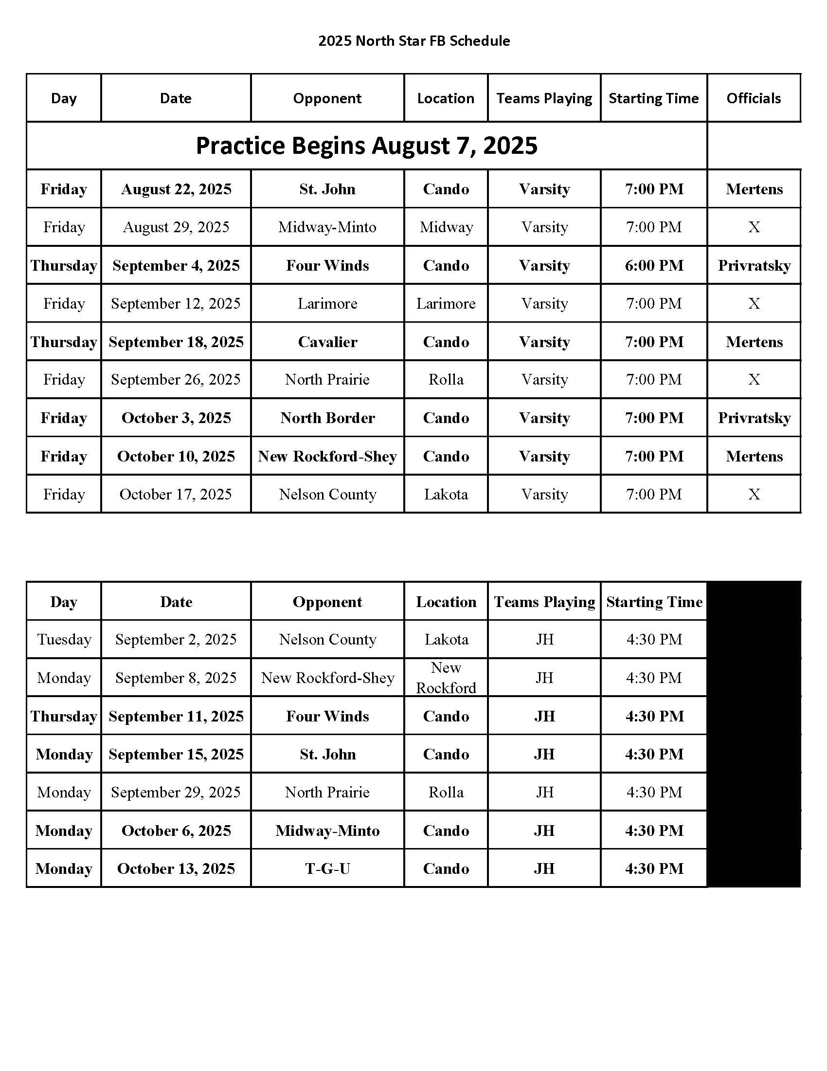 NS Football Schedule