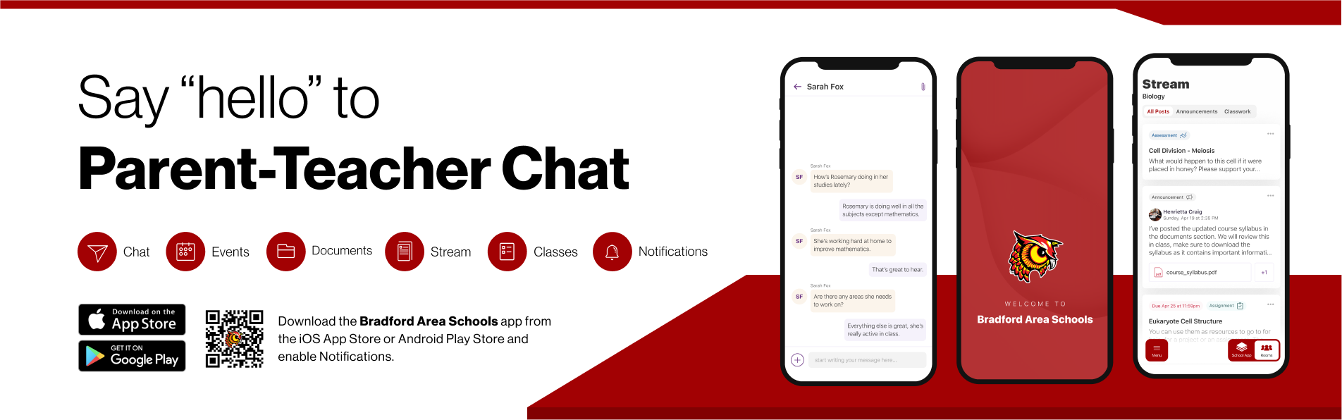 Say hello to Parent-Teacher chat in the new Rooms app. Download the Bradford Area School District app in the Google Play or Apple App store.
