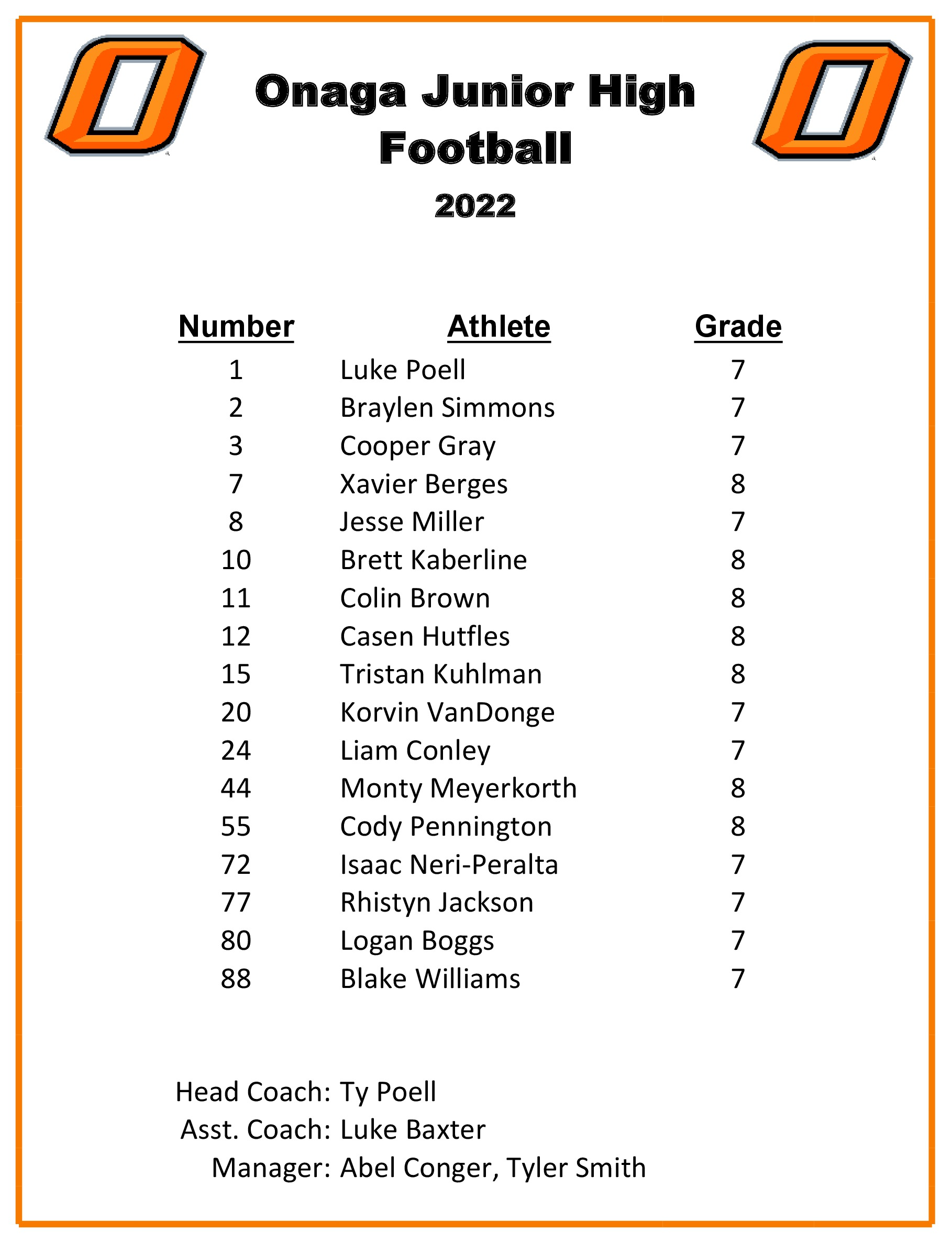 2022 JH Football Roster