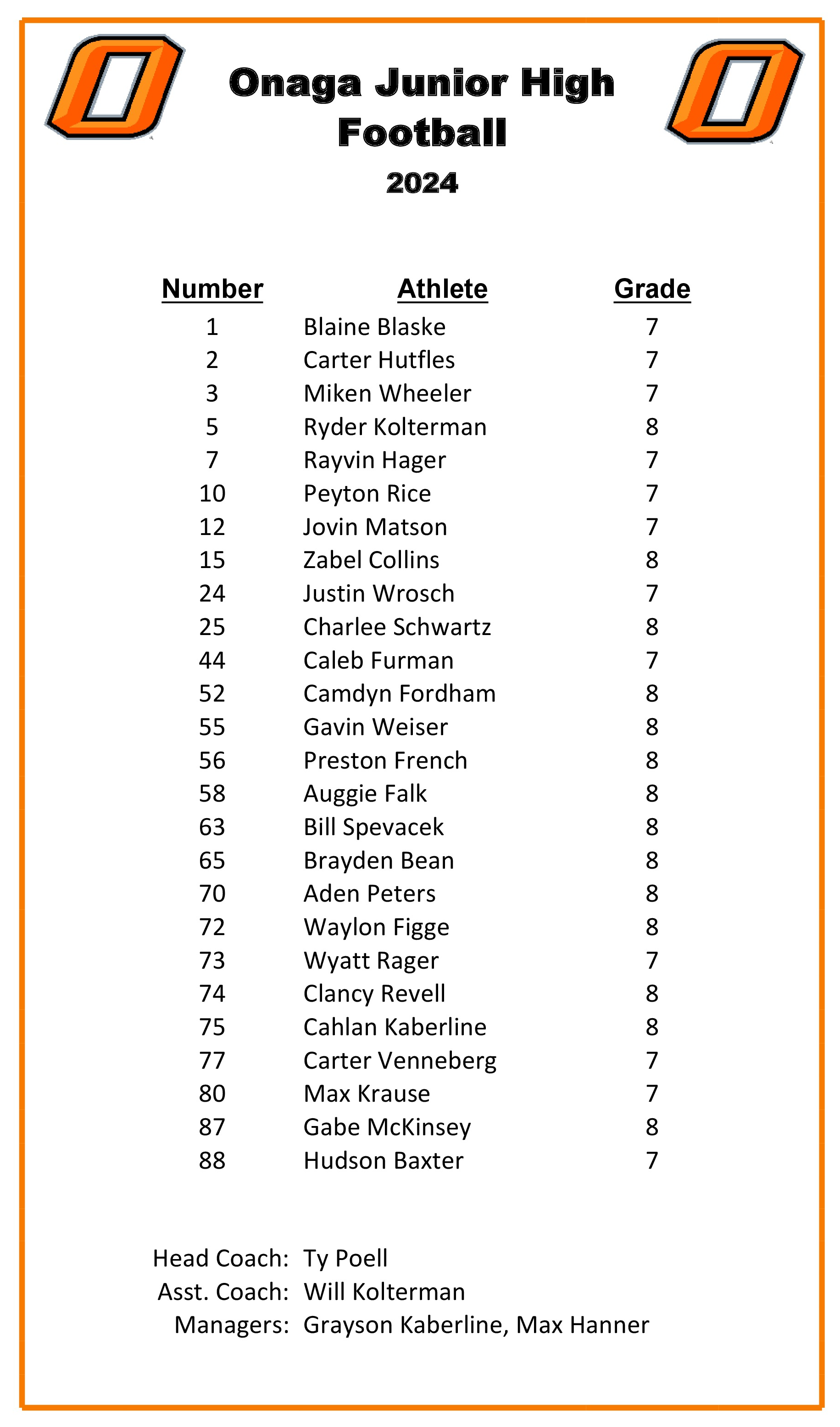 2024 JH Football Roster