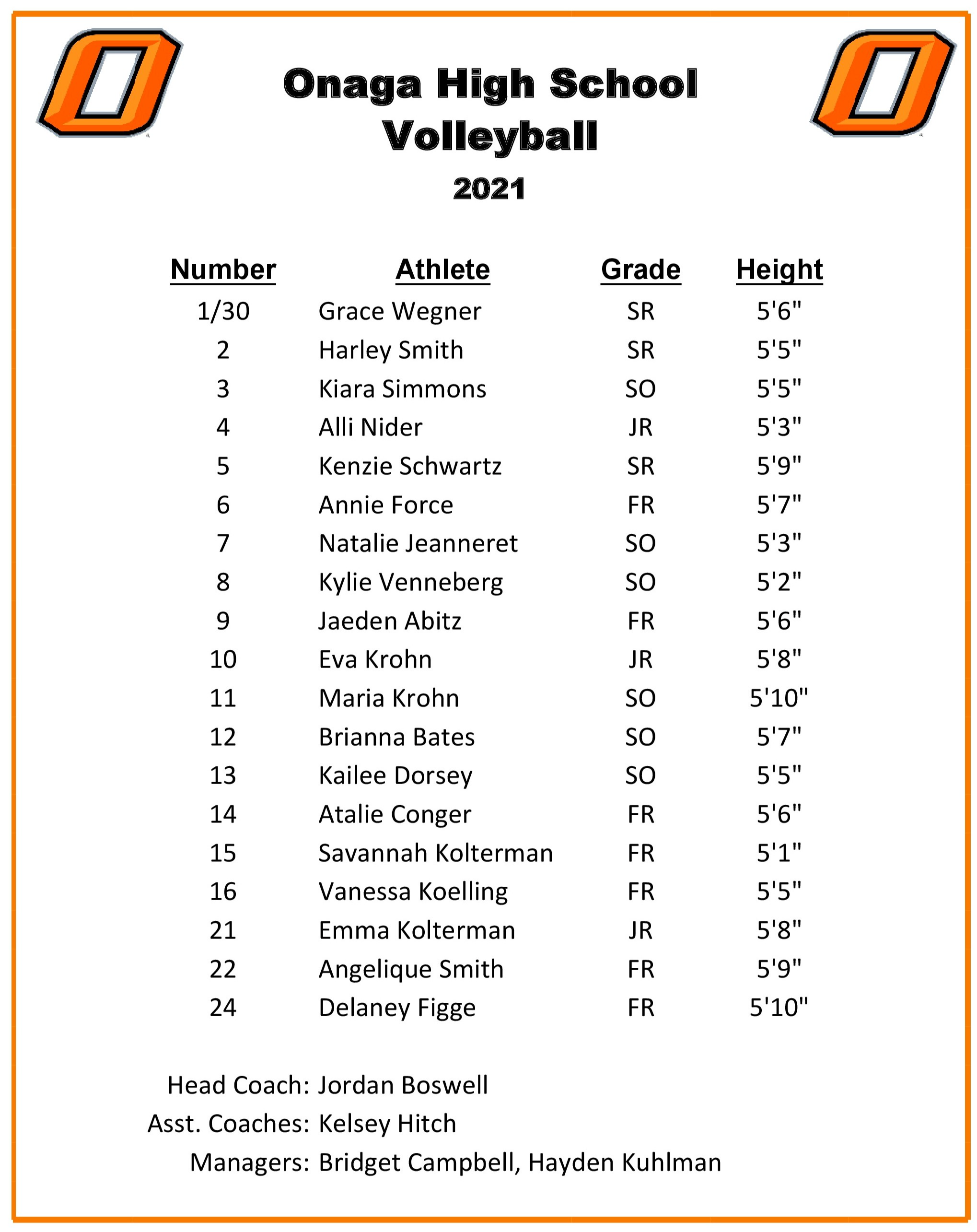 2021 HS Volleyball Roster