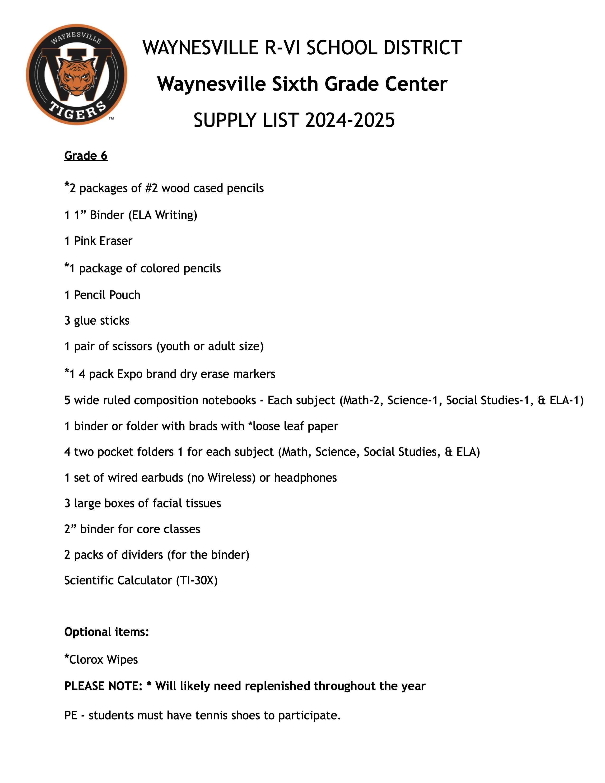Waynesville Sixth Grade Center School Supply List