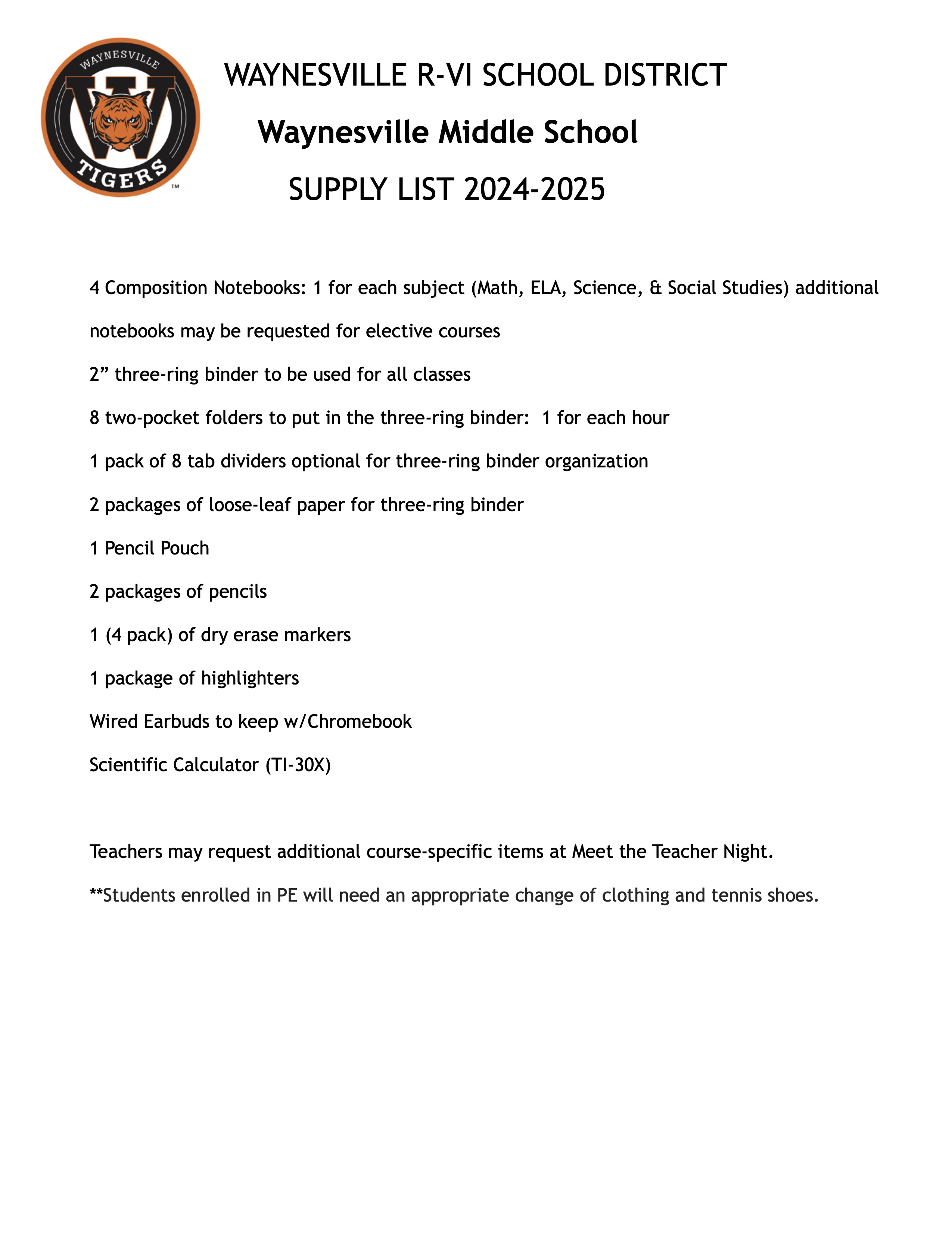 Waynesville Middle School Supply List