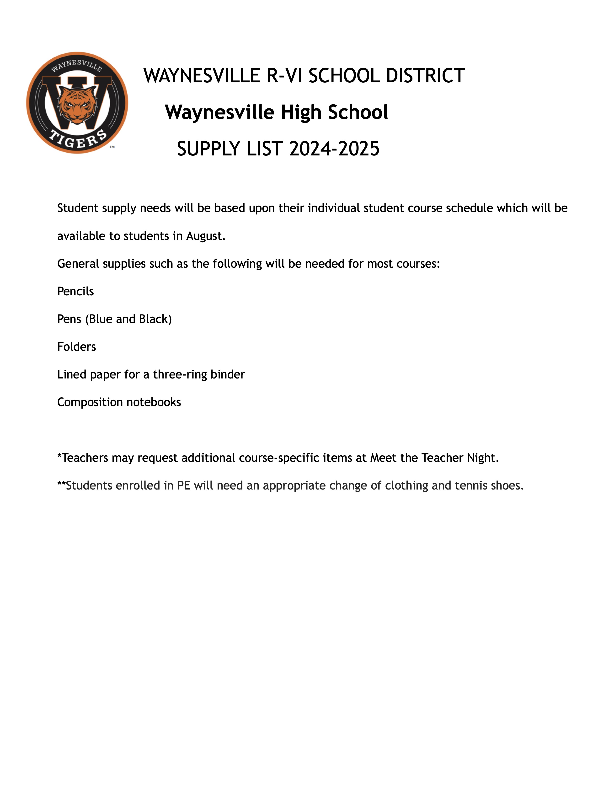 Waynesville High School Supply List