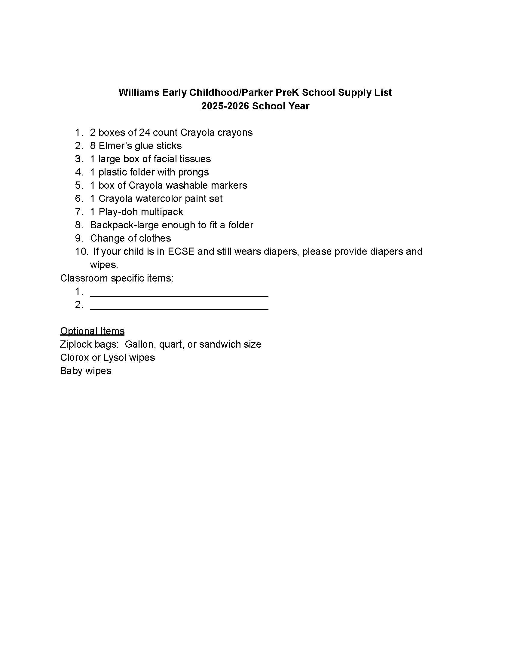 Williams & Parker school supply list