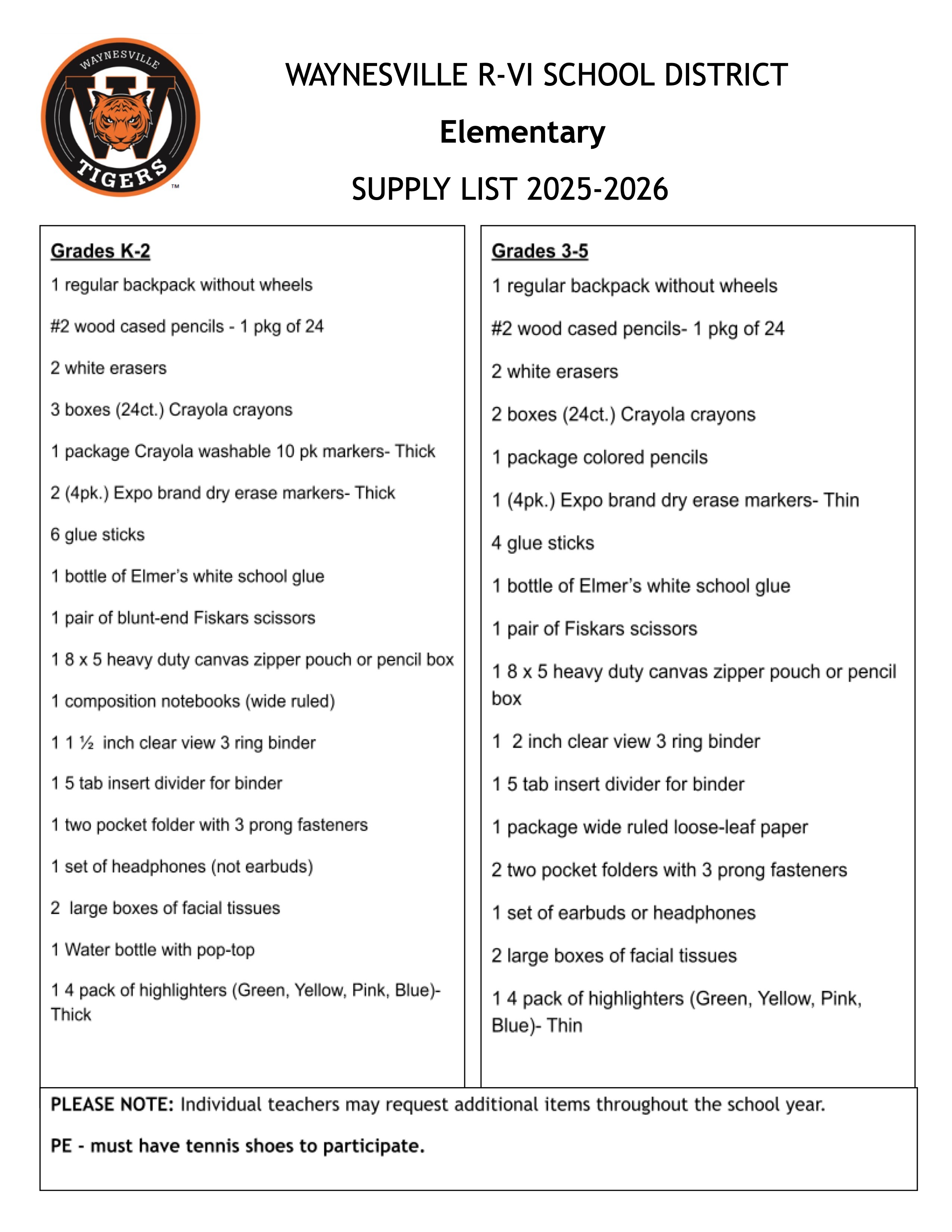 Elementary School Supply List