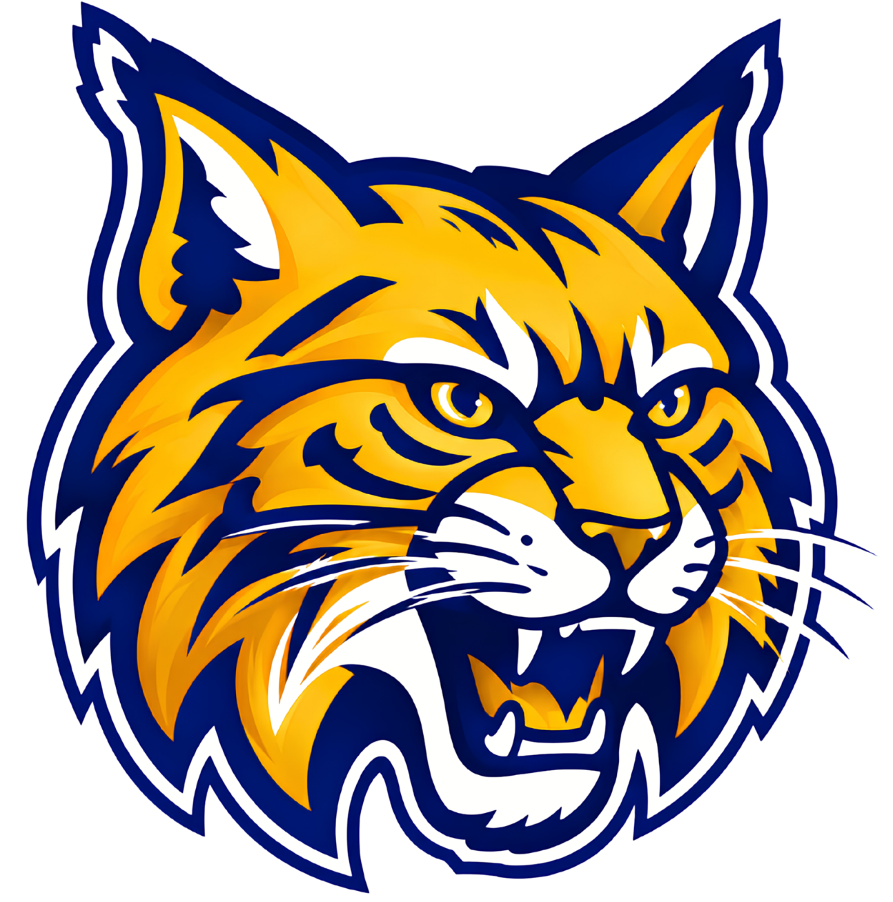 A stylized, high-contrast illustration of a bobcat mascot head facing slightly to the right with an aggressive, snarling expression. The bobcat features vibrant gold and yellow fur with navy blue and black stripes, white facial accents around the mouth and ears, bared teeth, and piercing yellow eyes, all enclosed in a thick navy blue and white outline.