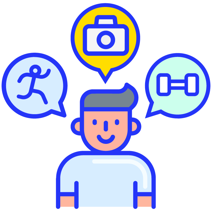 Illustration of man thinking about photography, running, weights