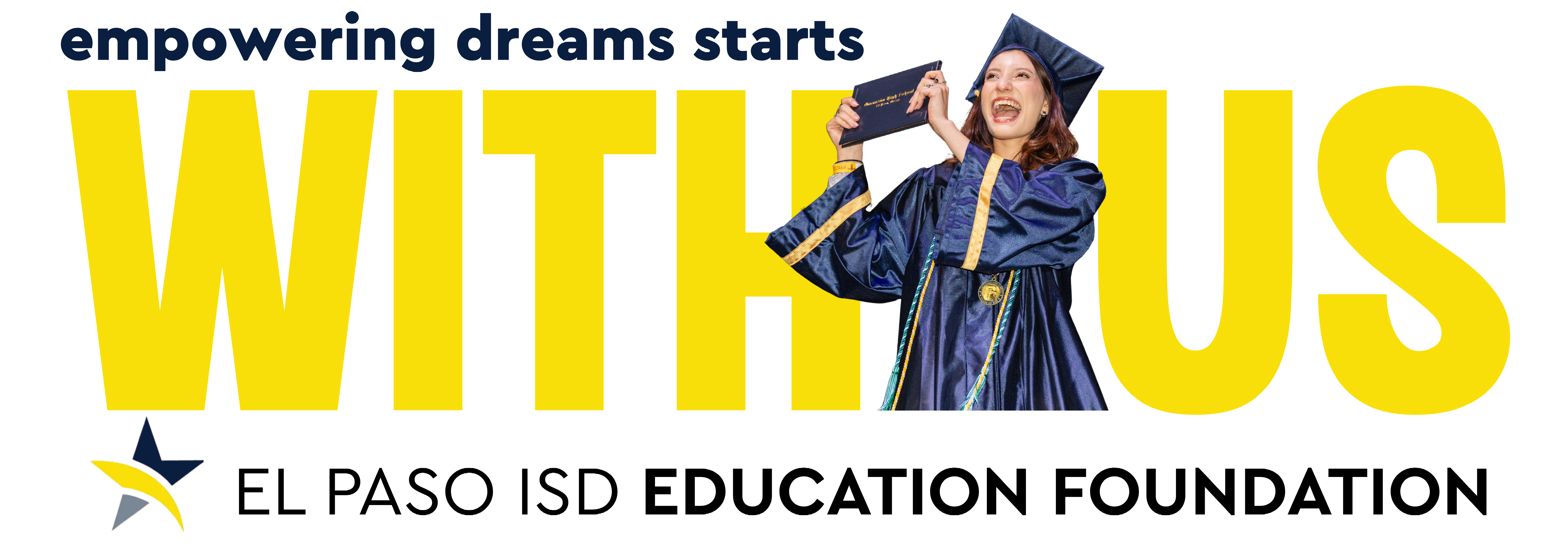 Bold yellow text "WITH US" on black background, featuring a person in a graduation gown holding a diploma.