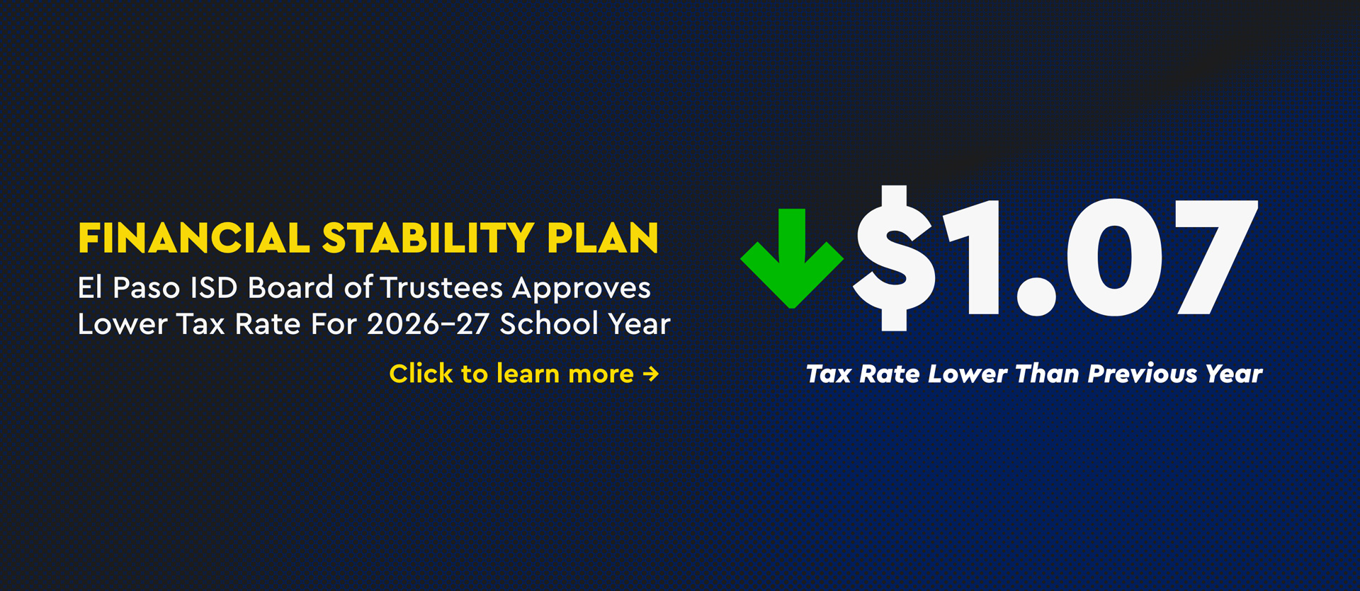 Blue banner with white text and green arrow pointing down. "$1.07" and "Financial Stability Plan" above.