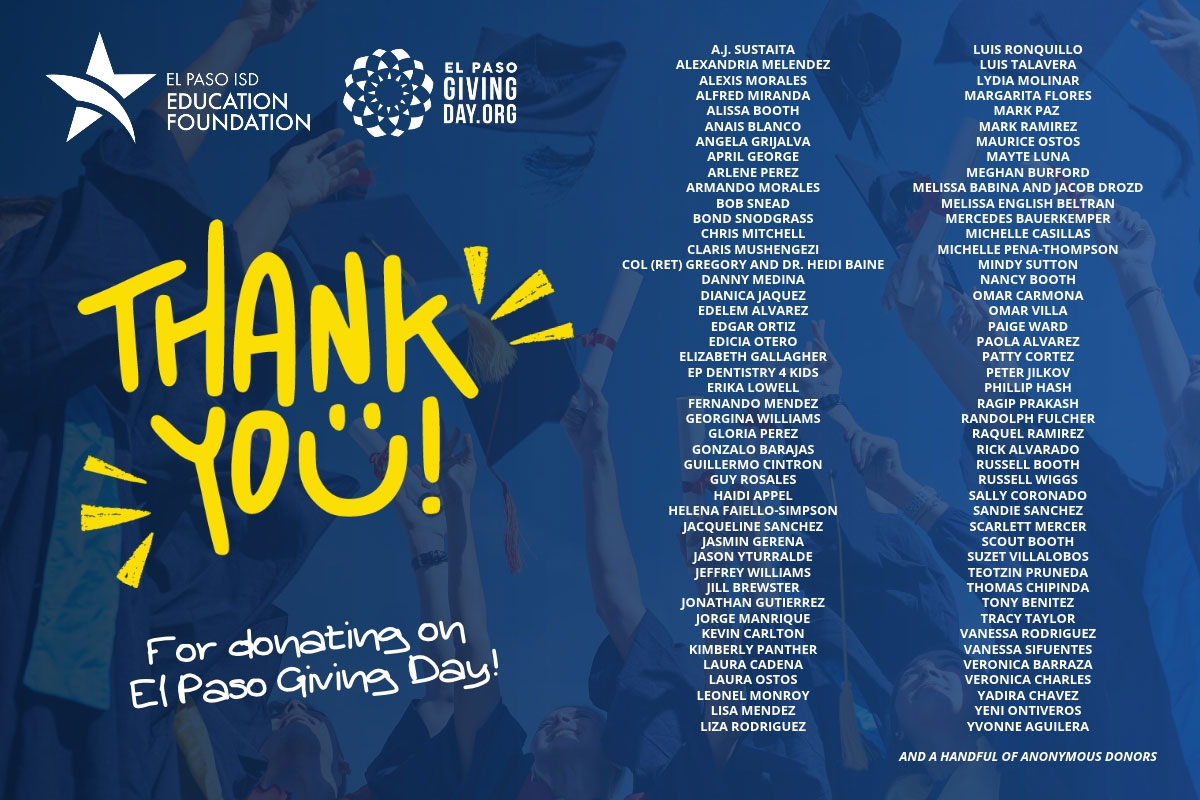 Blue background with yellow, white, and green text. Large yellow text says "Thank You!" Smaller white text says "For donating on El Paso Giving Day!"