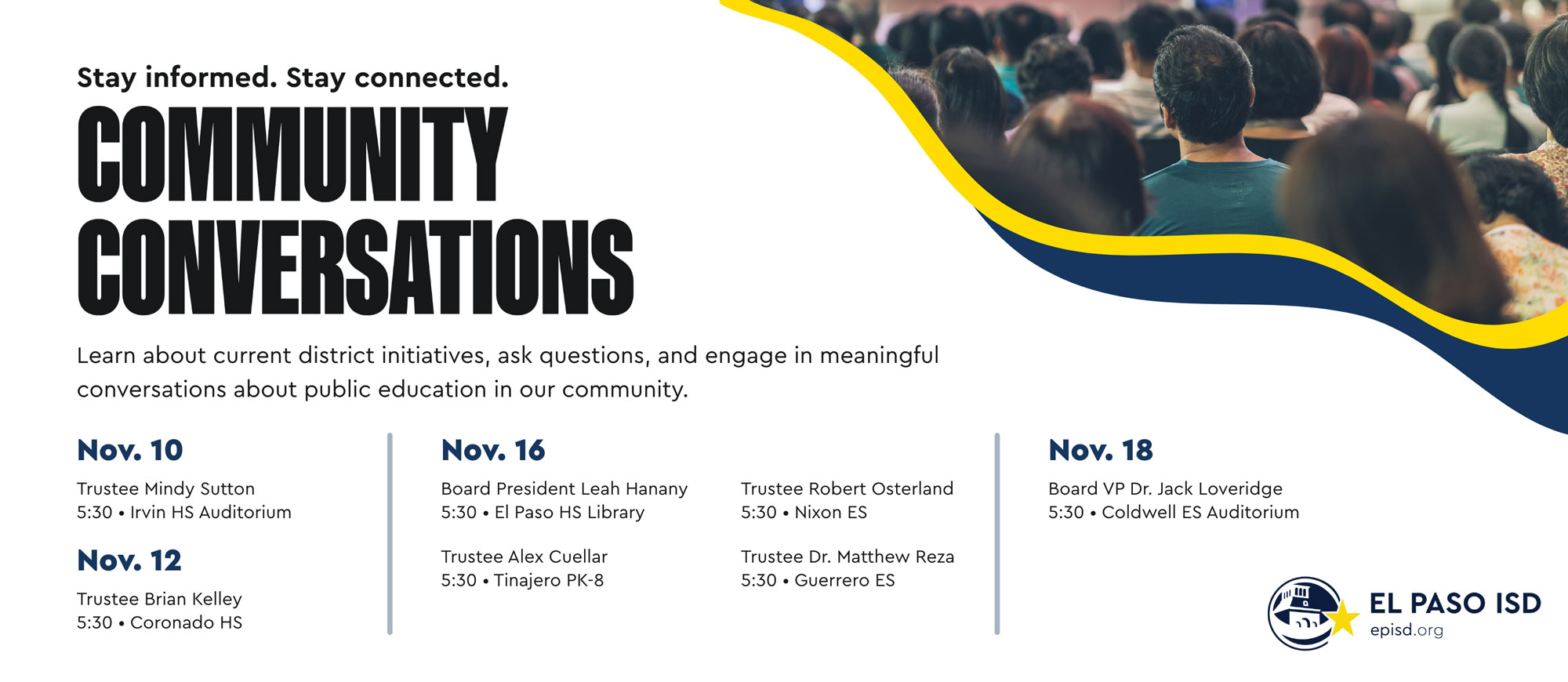 Event flyer with dates, times, and locations for community conversations about public education.