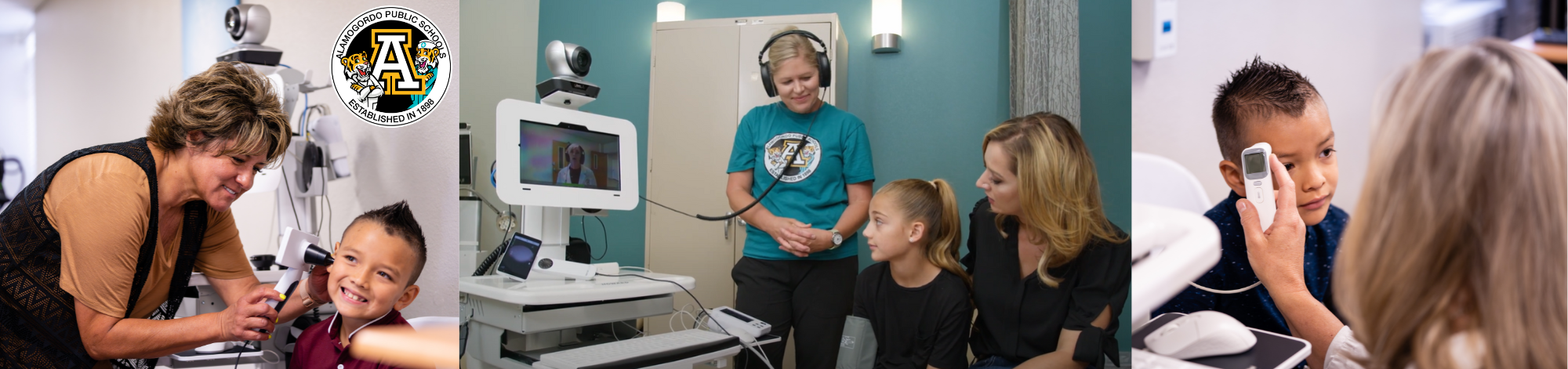 Student, nurse and parent using a telehealth unit