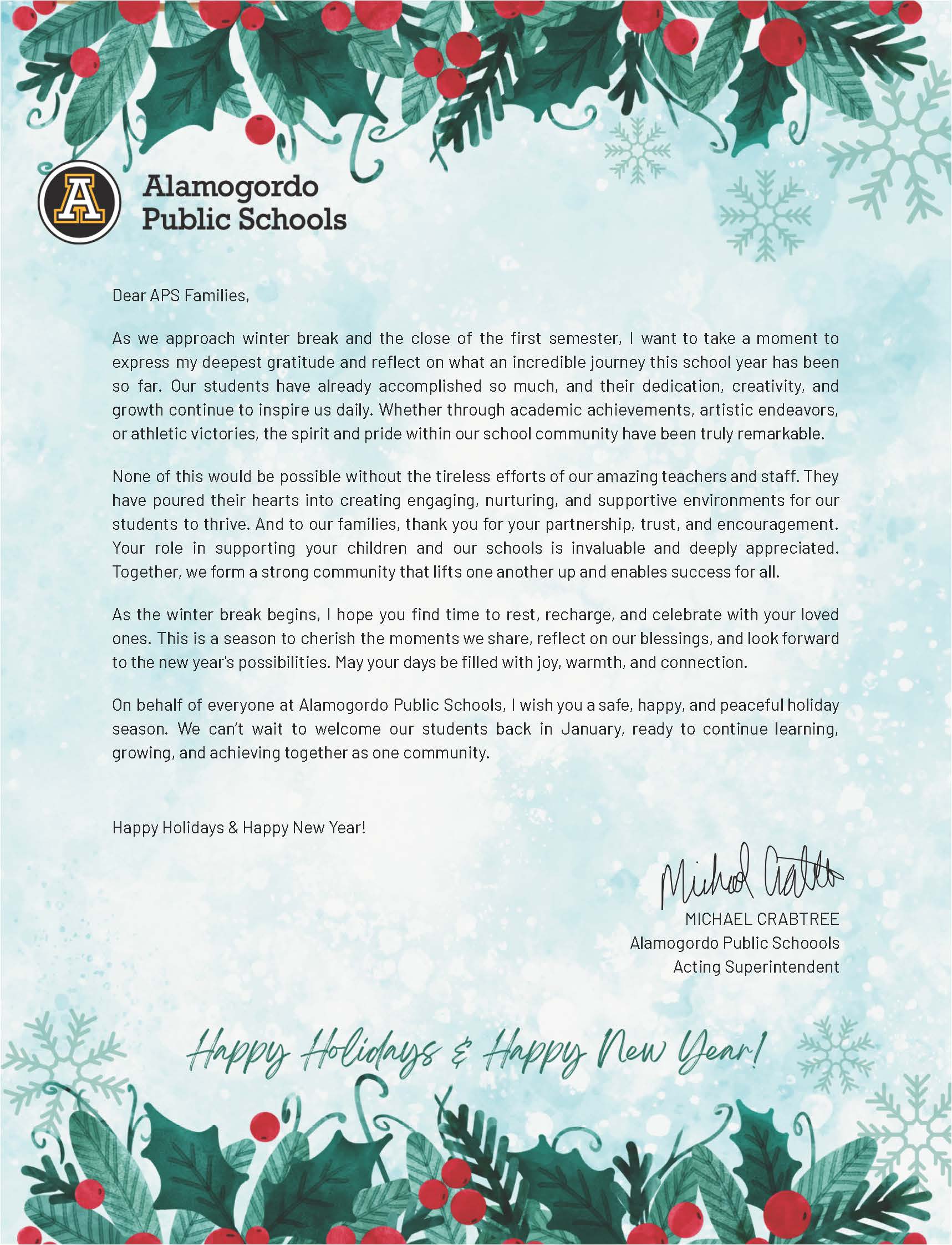 Winter Break Letter from Superintendent