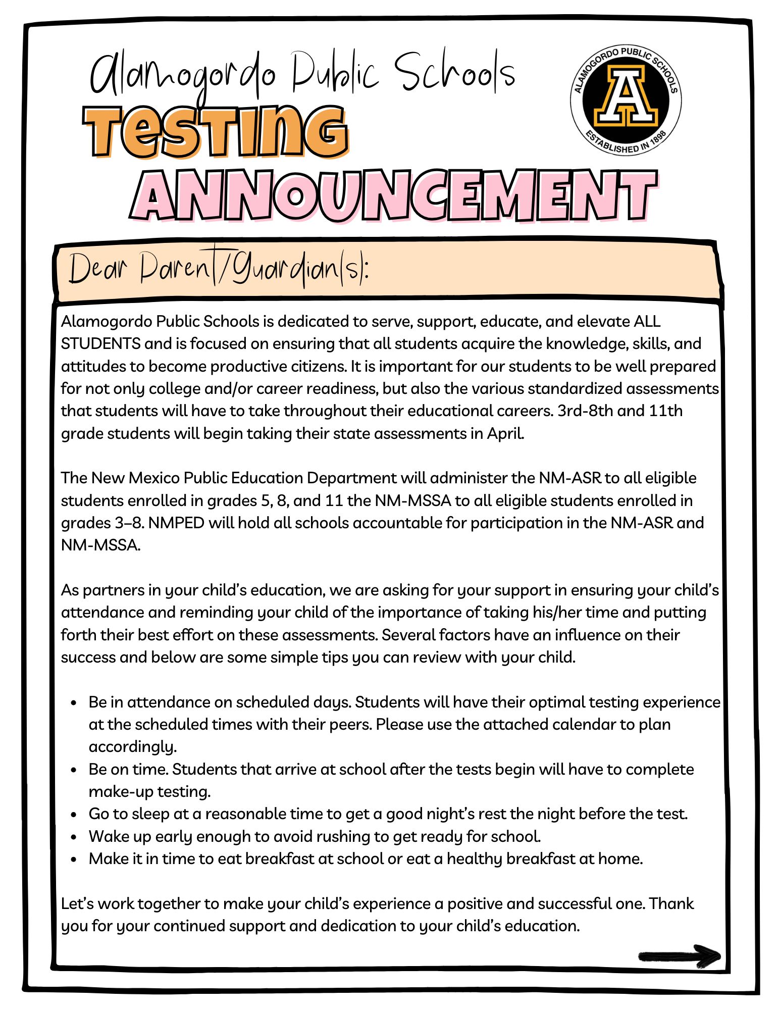 APS Testing Letter to Parents 2025