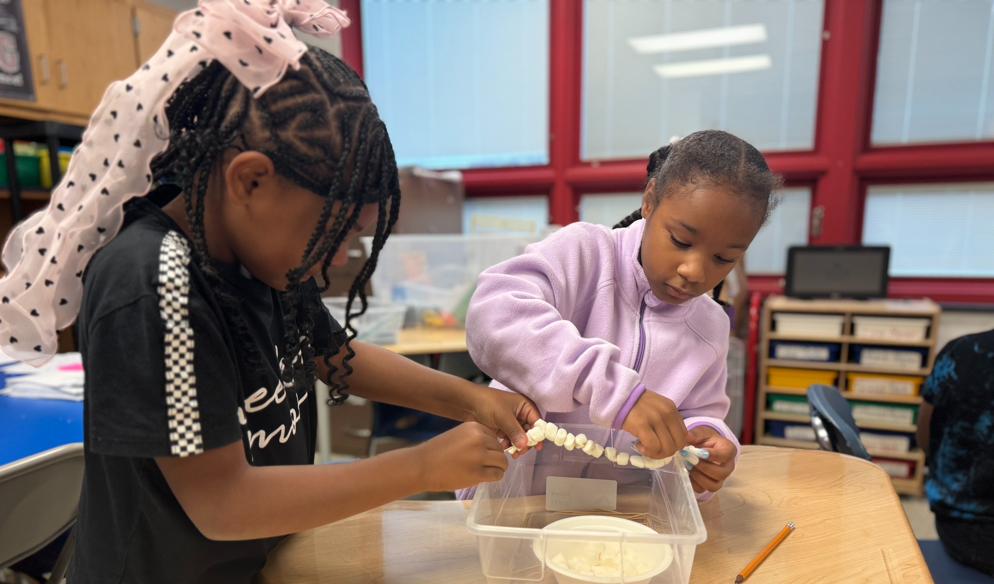 Two young girls in a classroom thread marshmallows onto skewers over a plastic bin on a wooden table. One wears a black shirt and polka-dot hair bow, the other a purple jacket. A pencil and bowl of marshmallows are on the table; shelves and windows are in the background.