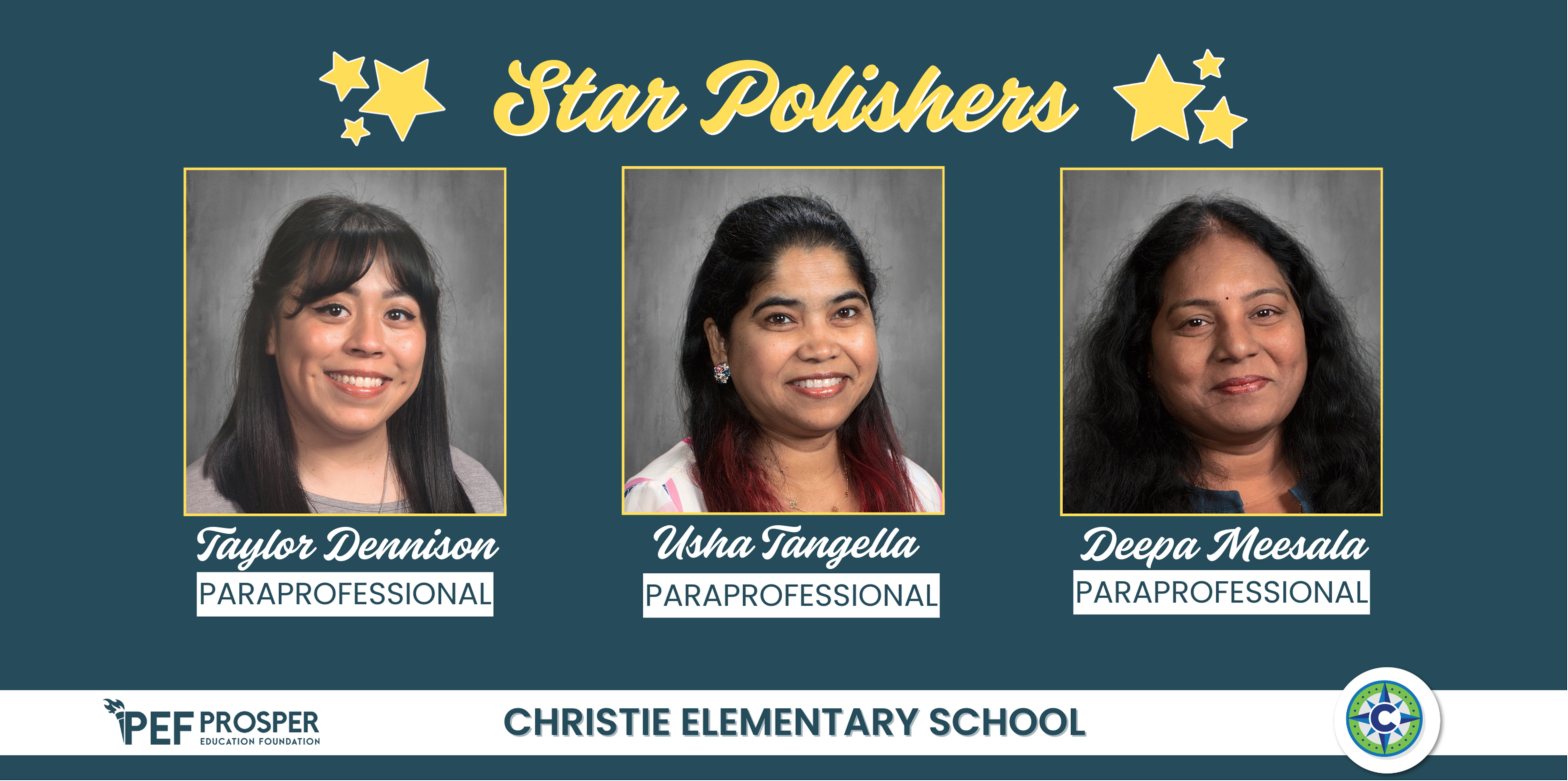 Group photo of Star Polishers Taylor Dennison, Usha Tangella, and Deepa Meesala from Christie Elementary School.