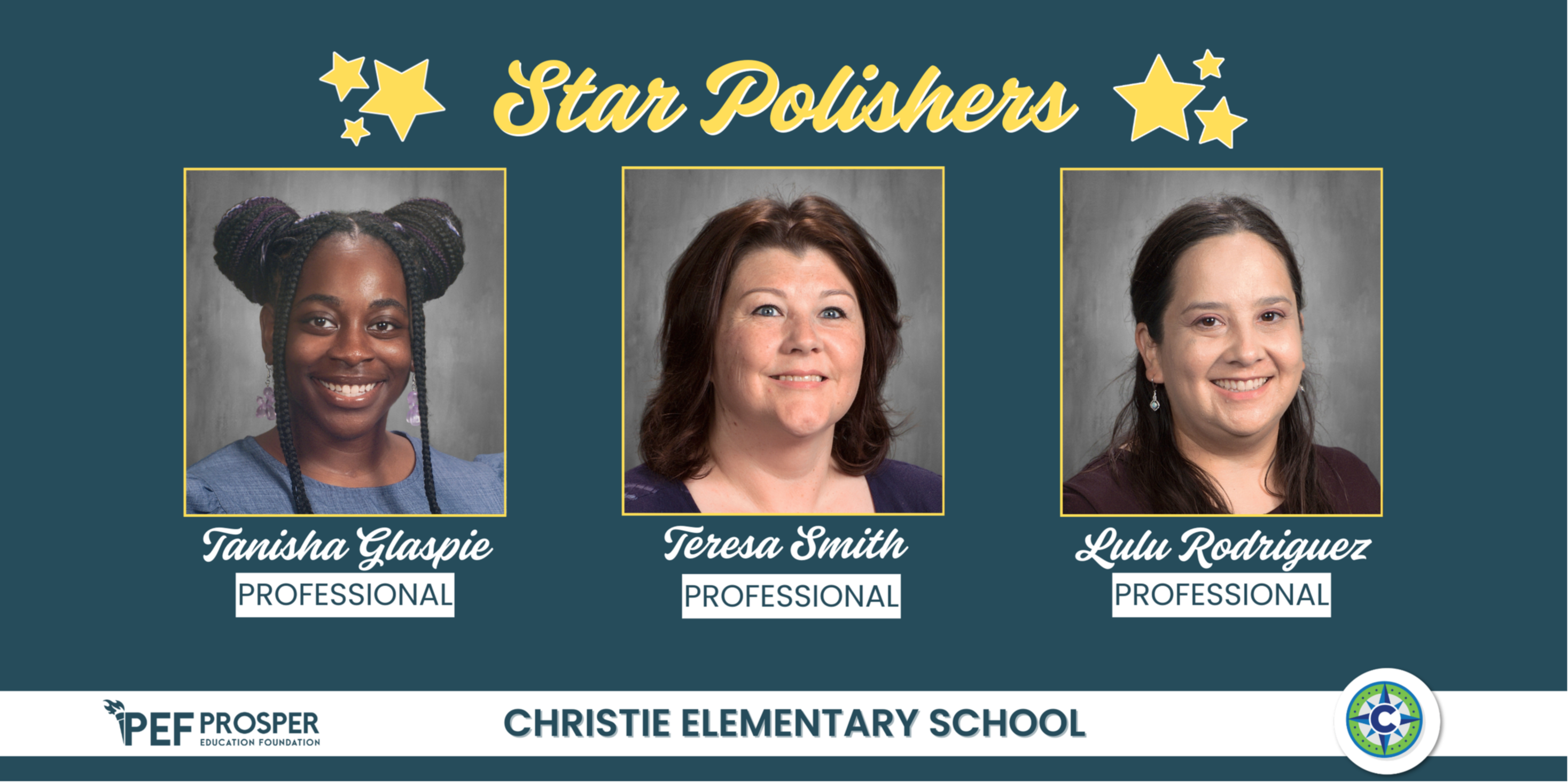 Group photo of Professional Star Polishers Tanisha Glaspie, Teresa Smith, and Lulu Rodriguez from Christie Elementary School.