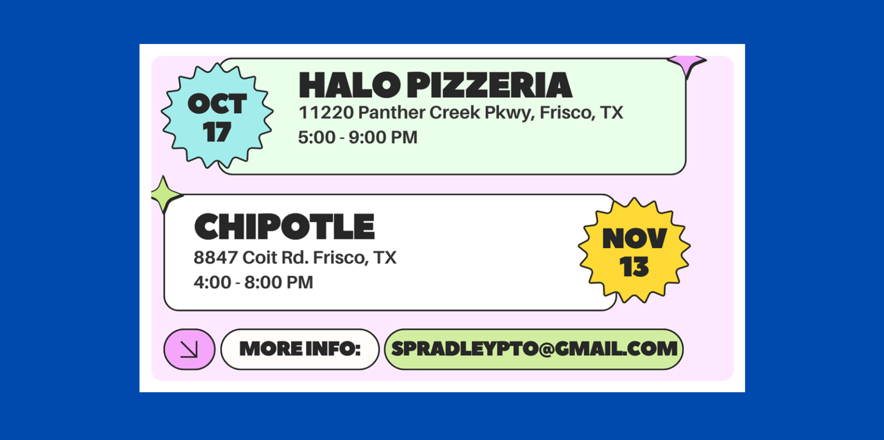 Spradley Spirit Night. Chipotle November 13th from 4:00 to 8:00 pm